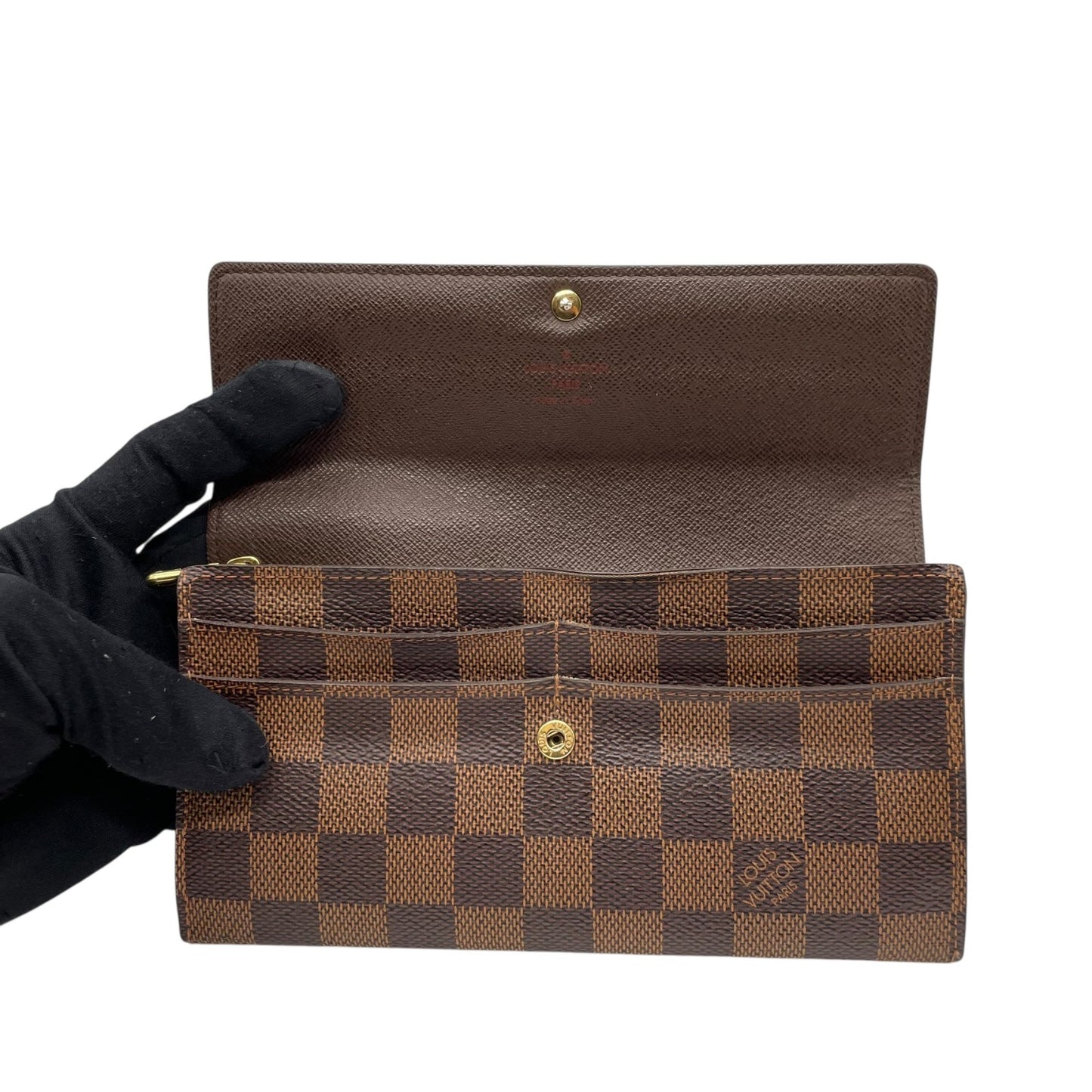 美品 LOUIS VUITTON ルイヴィトン 長財布 ダミエ ポルトフォイユサラ N61734 茶 ブラウン PVC レザー ゴールド金具 メンズ レディース H1