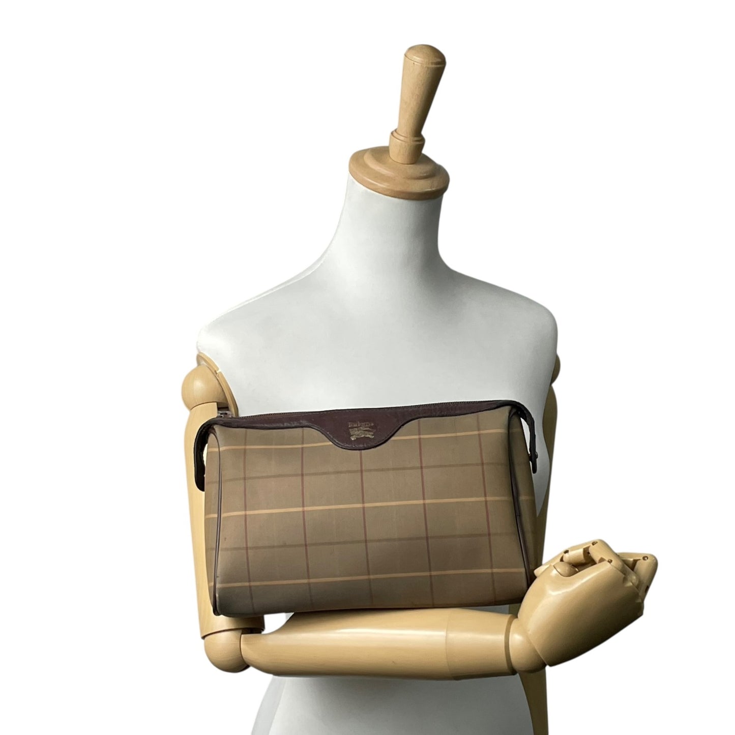 Burberry バーバリー クラッチバッグ セカンドバッグ ポーチ カーキ ブラウン ブラウン金具 キャンバス レザー ファスナー開閉 チェック柄 ホースロゴ メンズ レディース ヴィンテージ U4