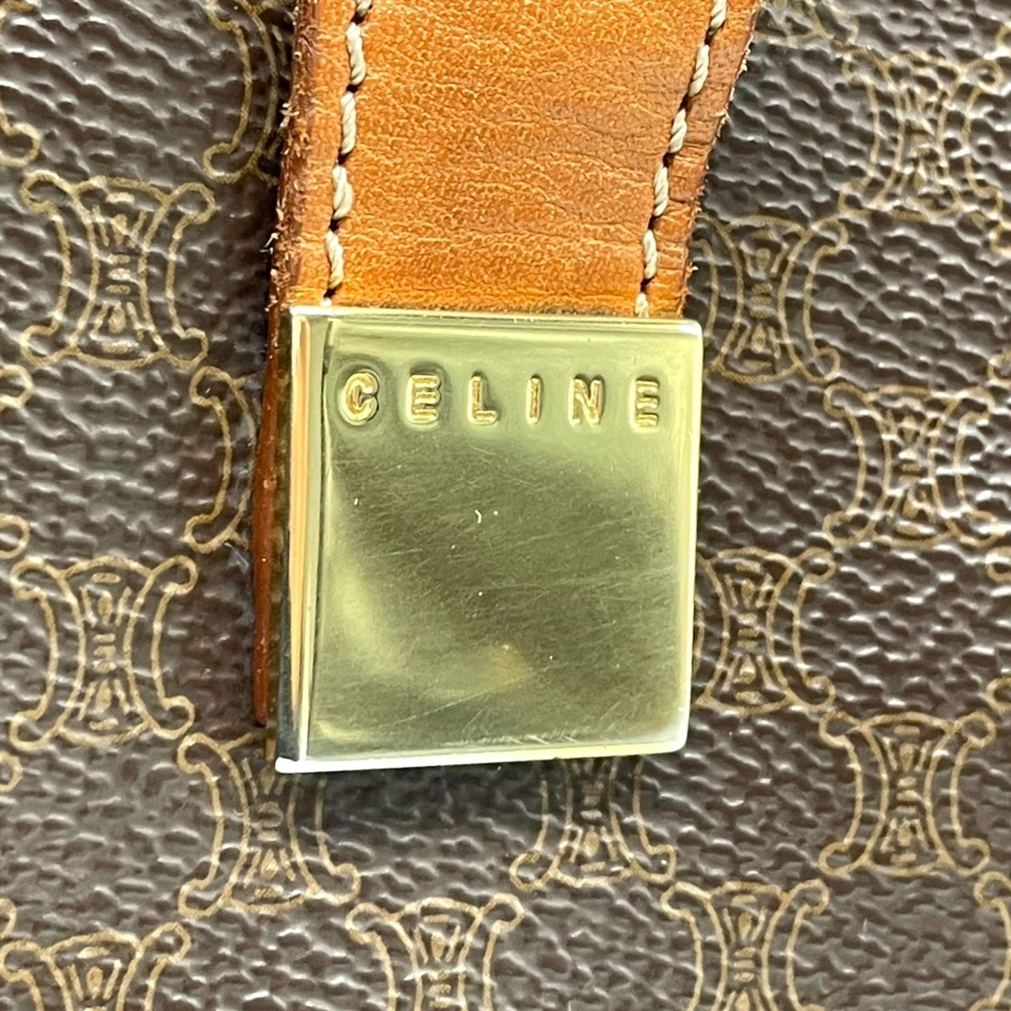 CELINE セリーヌ マカダム トートバッグ 茶 ブラウン PVC レザー ゴールド金具 ワンショルダー 肩掛け可 A4収納 レディース ヴィンテージ D1