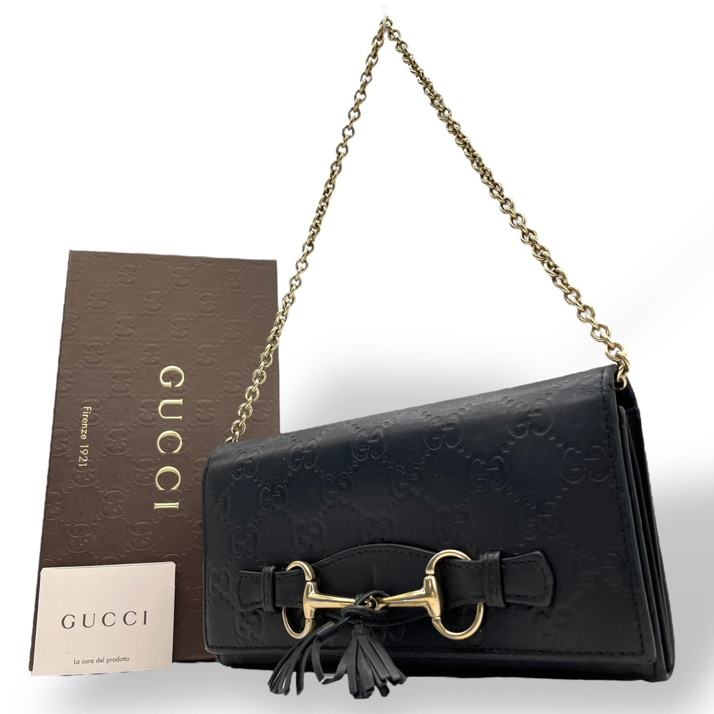 Authentic GUCCI Guccissima Tassel Horsebit Chain Wallet Black Leather GG Pattern