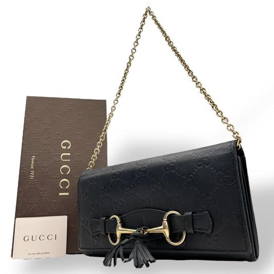 Authentic GUCCI Guccissima Tassel Horsebit Chain Wallet Black Leather GG Pattern