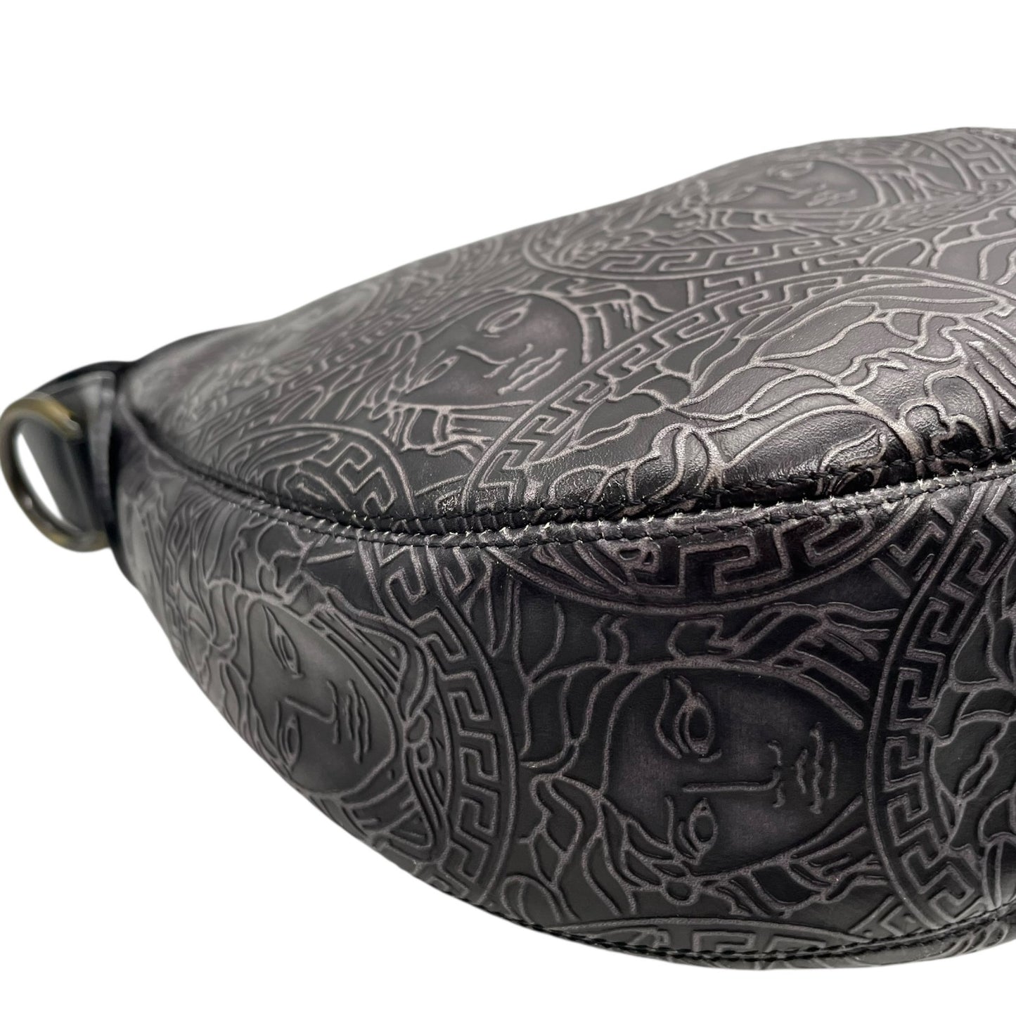 希少 VERSACE ヴェルサーチ メデューサ ワンショルダー ハンドバッグ 黒 ブラック ダークグレー レザー ゴールド金具 総柄 ホーボー 肩掛け可 レディース C4