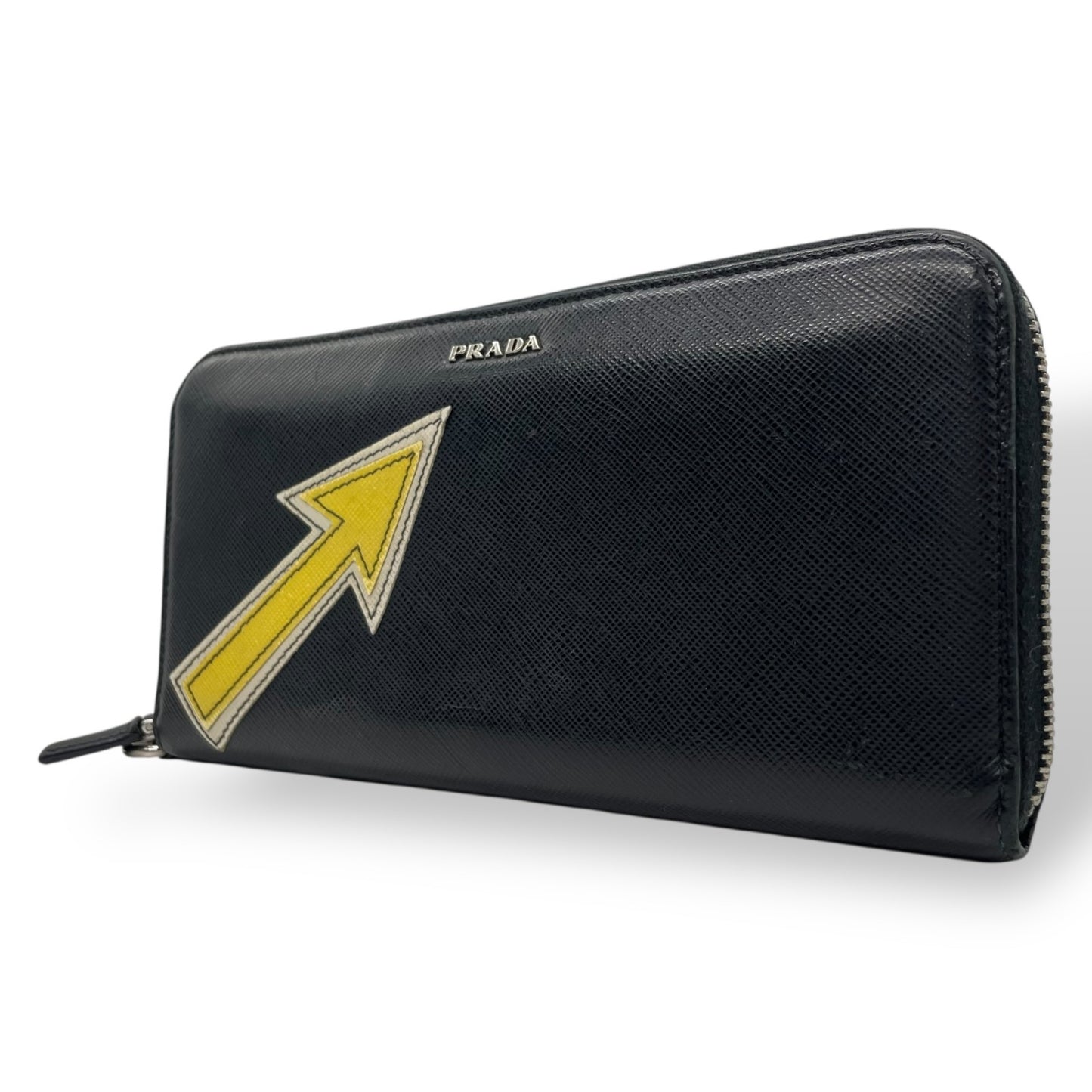 Authentic PRADA Round Zip Saffiano Leather Arrow Logo Wallet Black Yellow