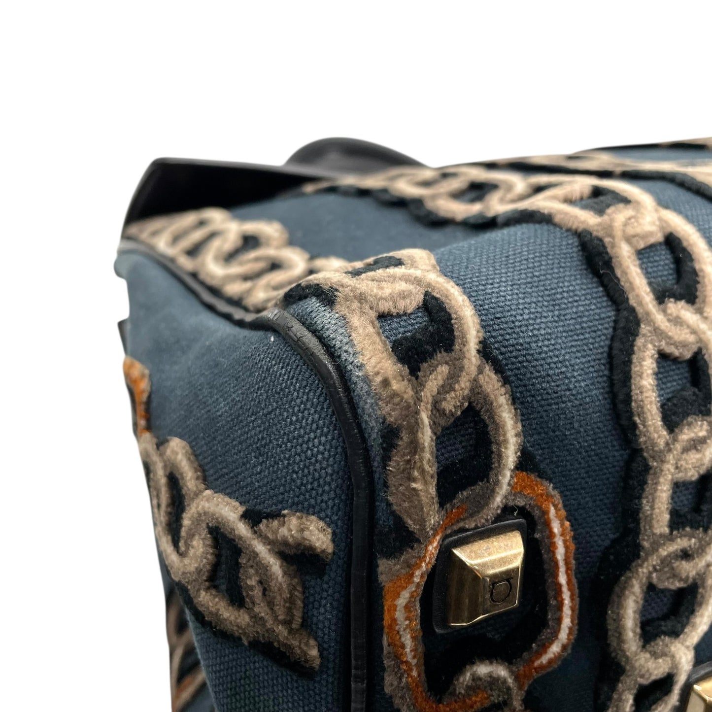 美品 Salvatore Ferragamo サルヴァトーレ フェラガモ ガンチーニ チェーン柄 ハンドバッグ 紺 ネイビー 黒 ブラック キャンバス レザー ゴールド金具 レディース B