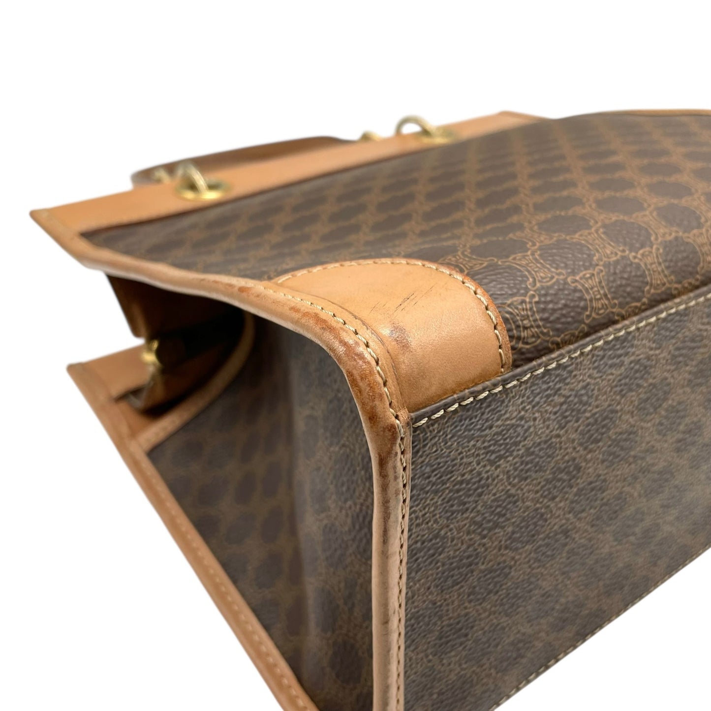 CELINE セリーヌ マカダム柄 ハンドバッグ ミニトート 茶 ブラウン PVC レザー ゴールド金具 手提げ ヴィンテージ オールドセリーヌ レディース E