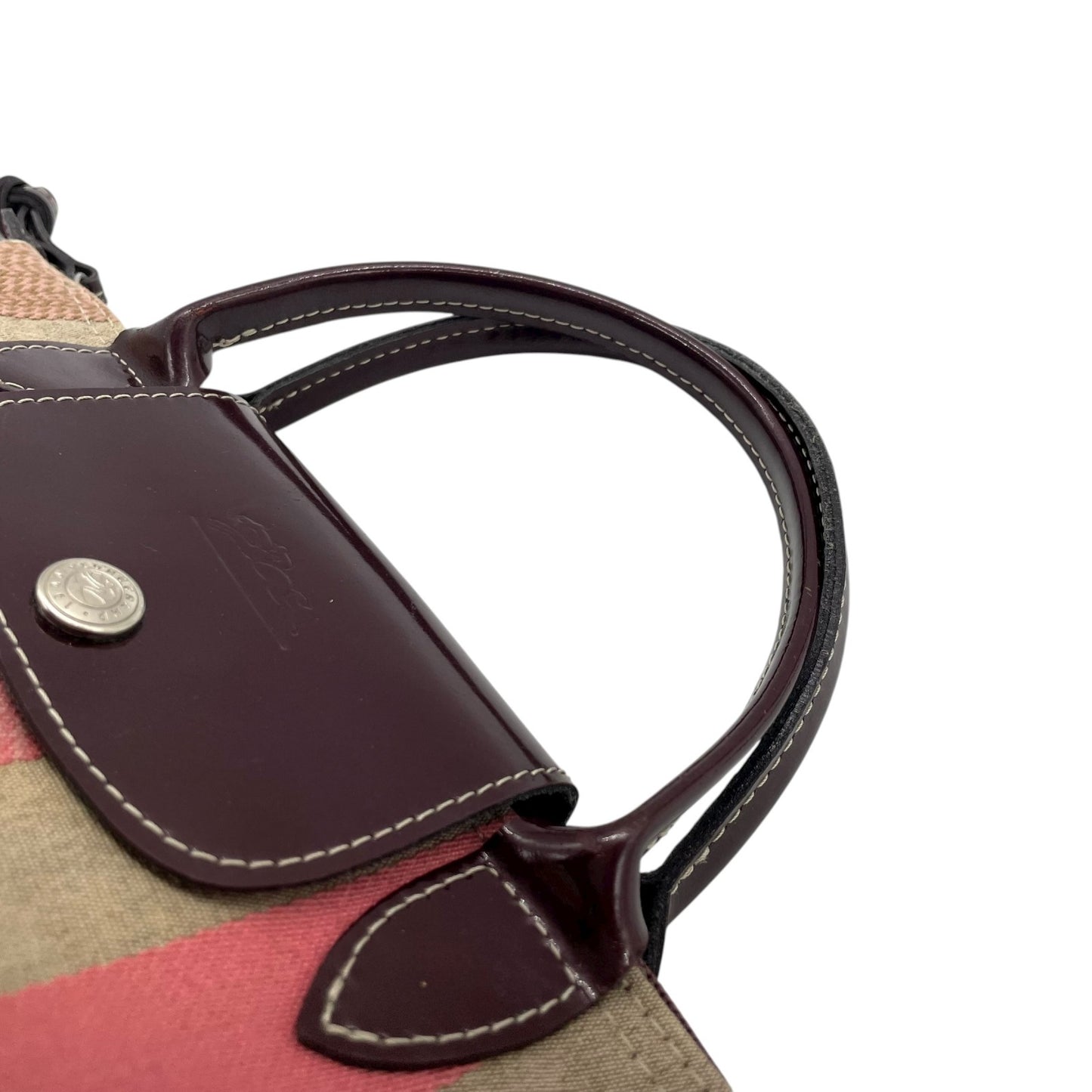 美品 ロンシャン LONGCHAMP ルプリアージュ ハンドバッグ トートバッグ マルチカラー ストライプ ベージュ ピンク キャンバス×レザー U2