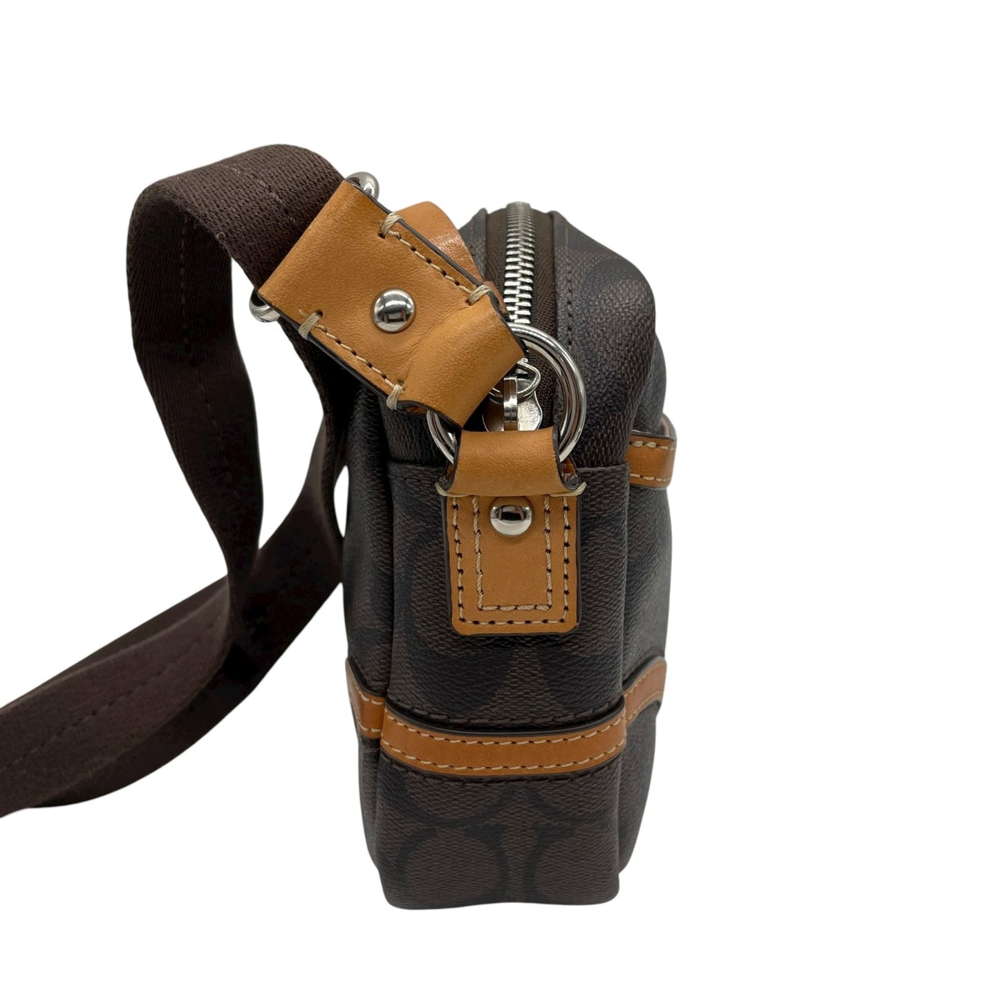 コーチ COACH シグネチャー PVC レザー ショルダーバッグ クロスボディ 茶色 ブラウン キャメル シルバー 3