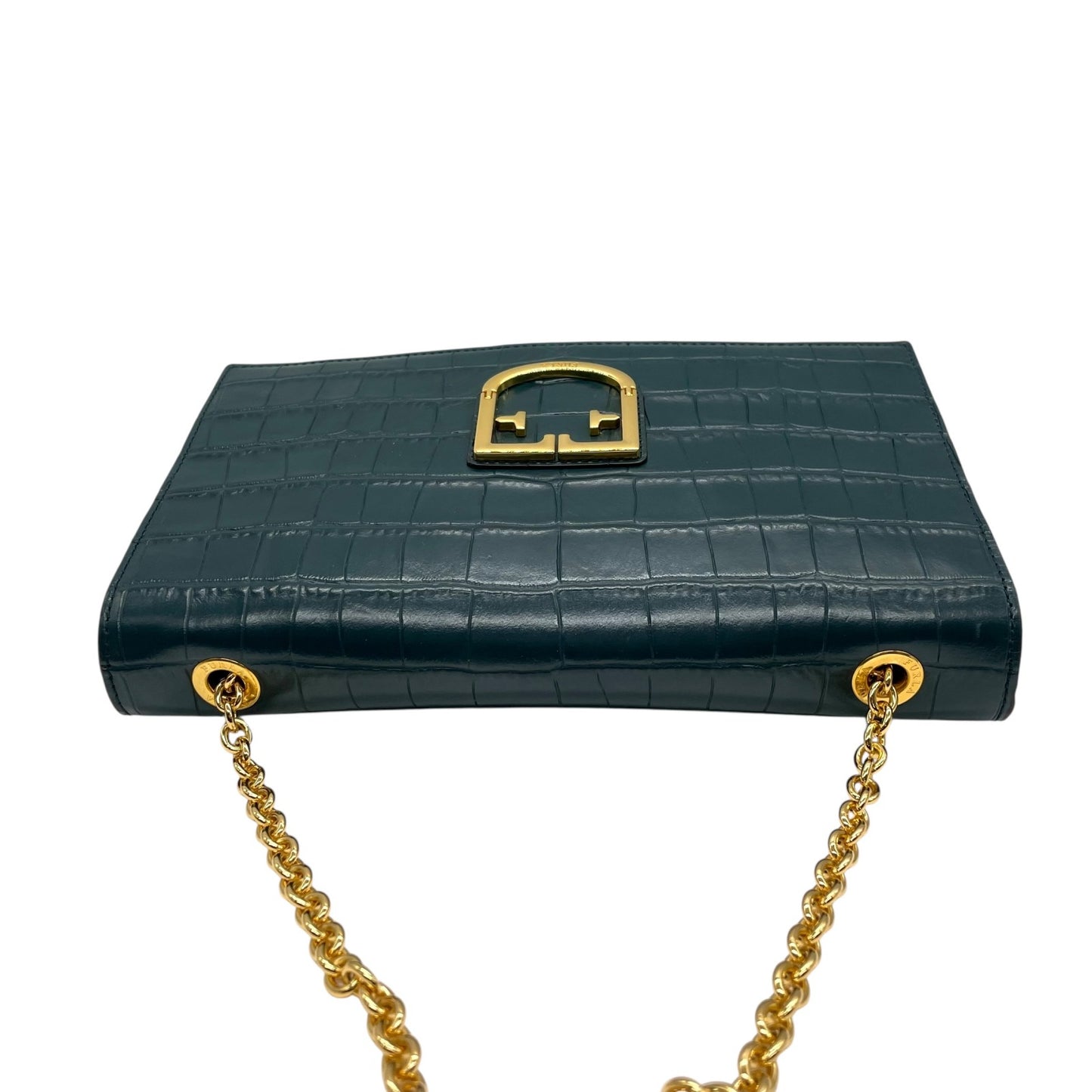 フルラ FURLA チェーンショルダーバッグ 型押し ダークグリーン 深緑 金金具 ゴールド金具 上品 高級感 A3