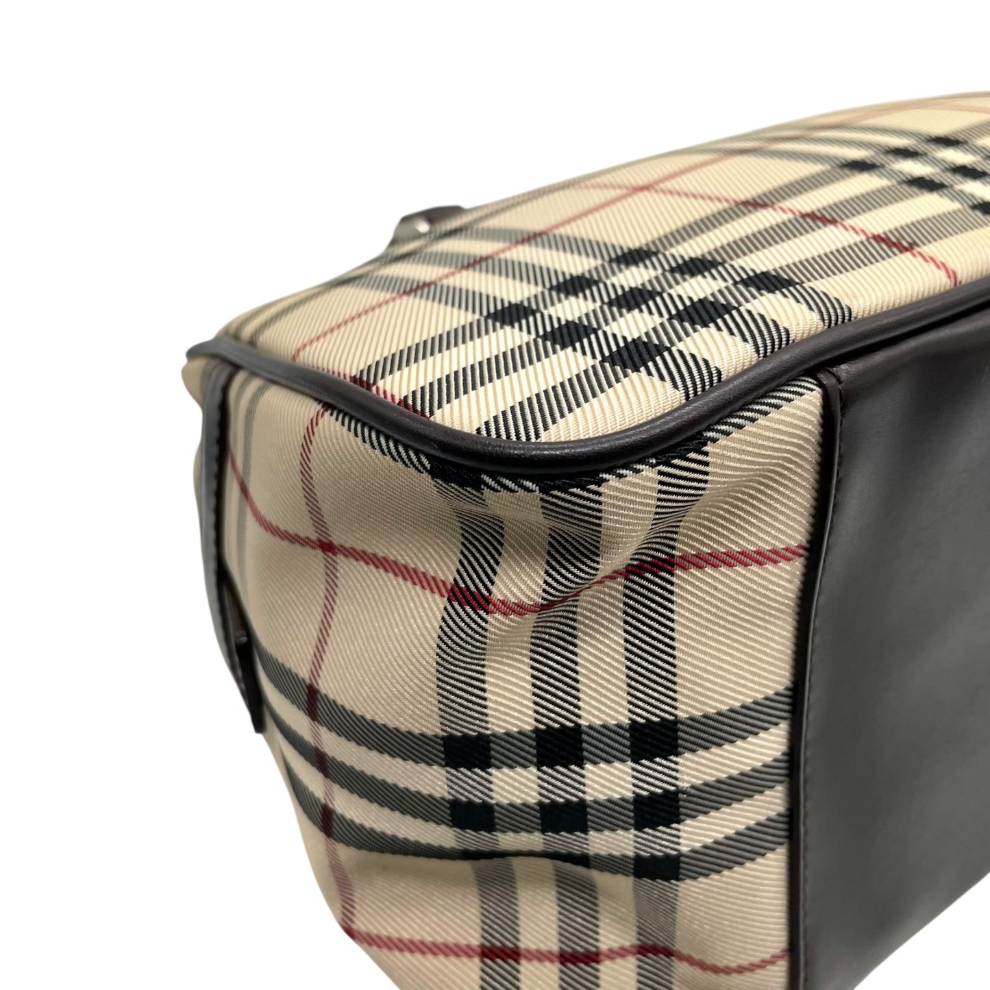 美品 バーバリー BURBERRY ハウスチェック ノバチェック ボストンバッグ レザー キャンバス 茶色 ブラウン×ベージュ ロゴプレート C7