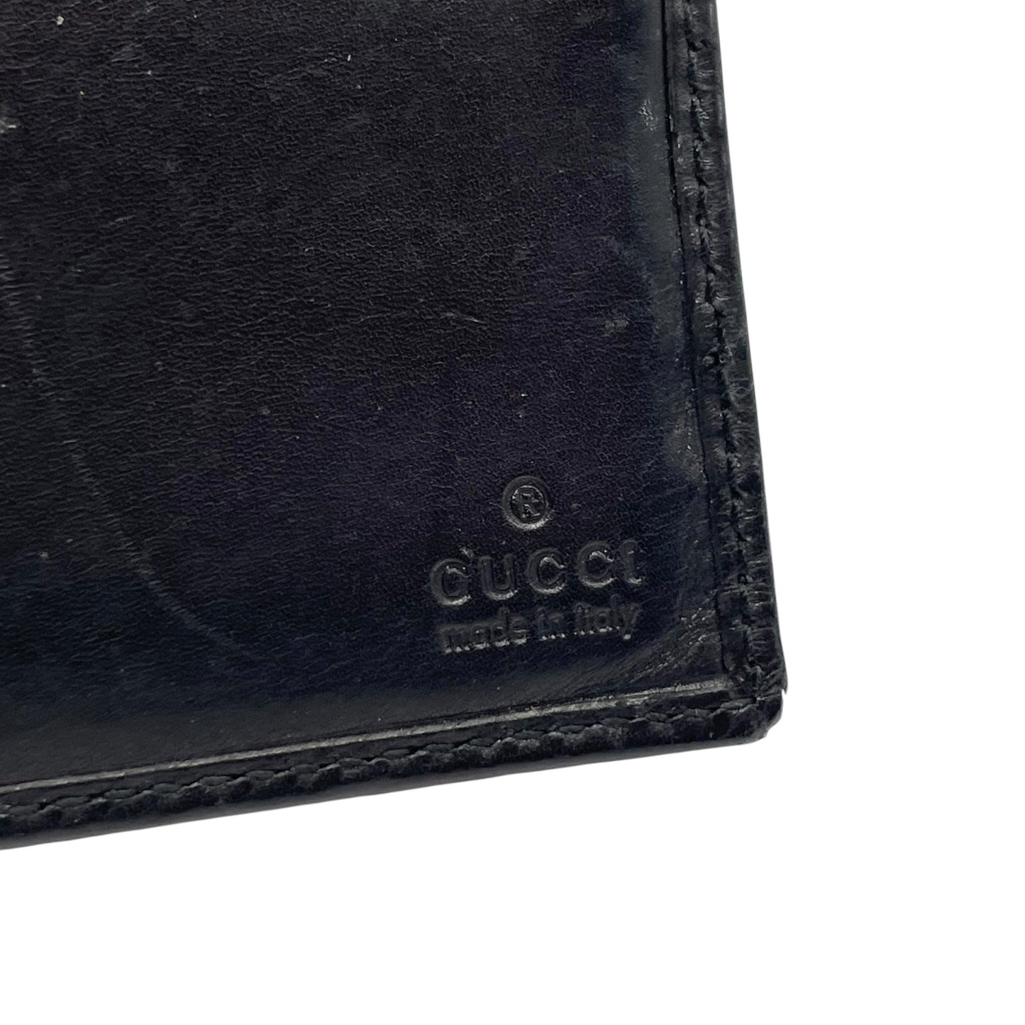 グッチ GUCCI 二つ折り 長財布 札入れ 黒 ブラック レザー シルバー金具 ロゴプレート メンズ 小銭入れなし M5