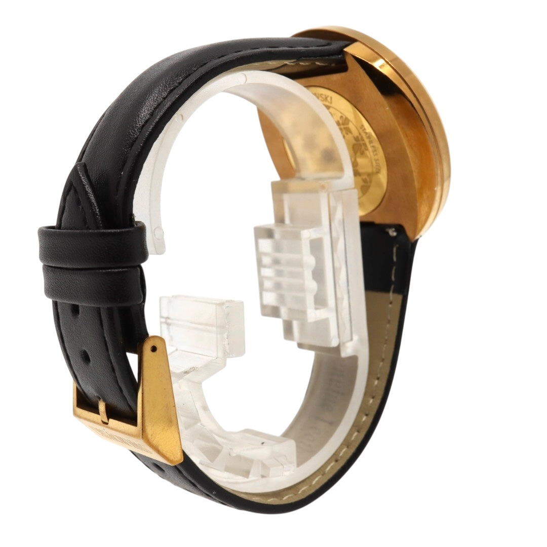 極美品 電池交換済 スワロフスキー 腕時計 5045371 レディース クオーツ ゴールド ブラックレザーベルト クリスタル アナログ ドレスウォッチ エレガント ラグジュアリー スワンロゴ スイス製 クリーニング済み G3