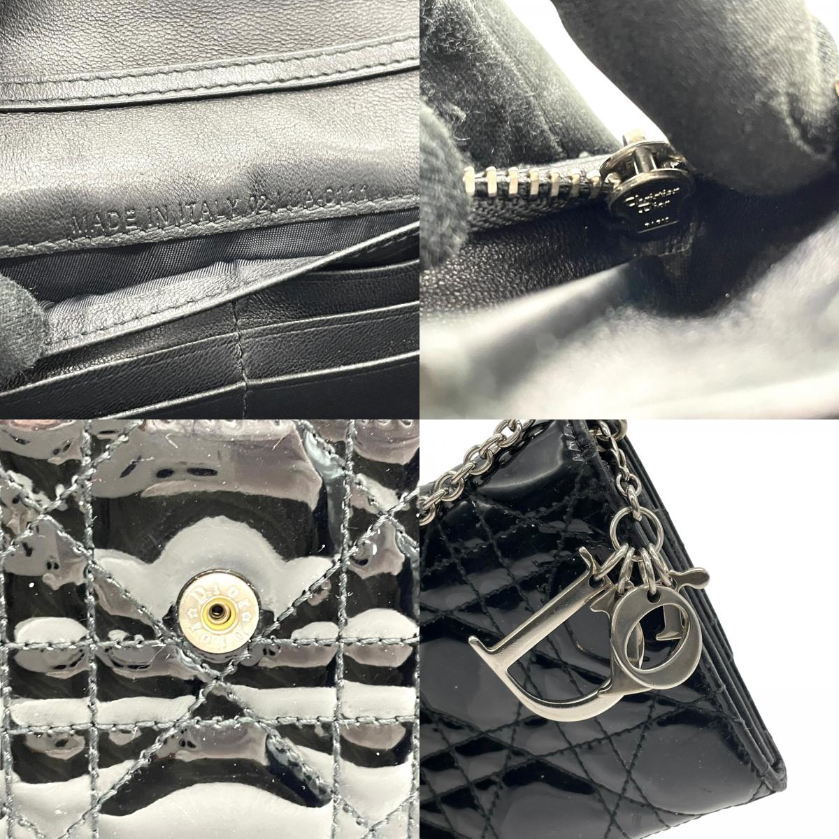 クリスチャンディオール Dior レディディオール ウォレットオンチェーン 黒 ブラック カナージュ パテントレザー チェーンストラップ キルティング エナメル ロゴ レディース W4