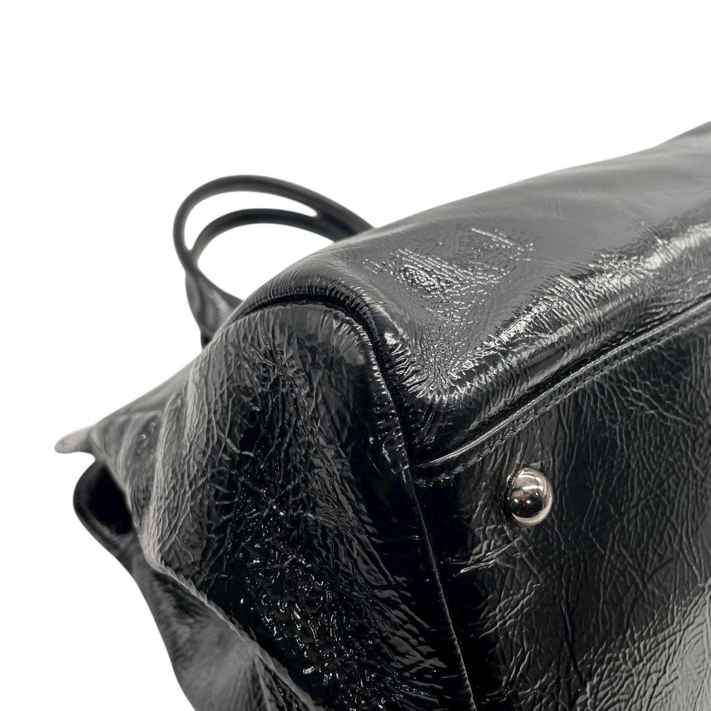 LONGCHAMP ロンシャン パテントレザー ハンドバッグ ブラック シルバー金具 エンボスホース ロゴ入り フロントジップ フランス製 A5