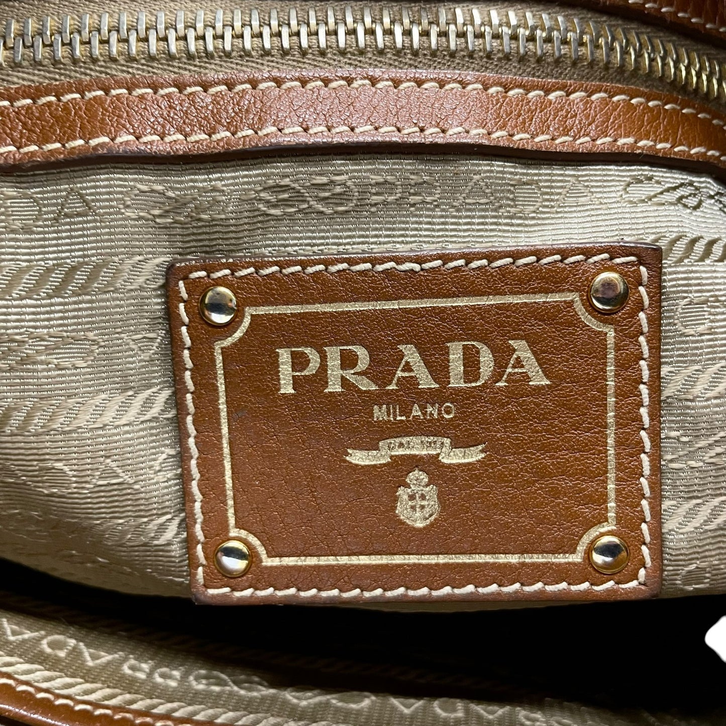 美品 PRADA プラダ ロゴ ジャガード トートバッグ ショルダー デニム レザー ブルー ブラウン ゴールド金具 D5