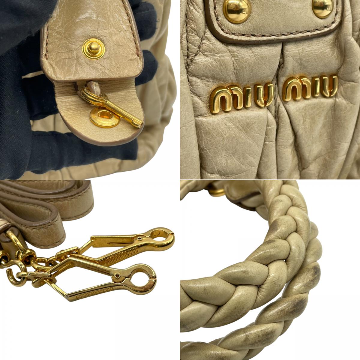 Authentic miumiu Matelassé 2WAY Handbag Shoulder Bag Leather Khaki Beige Gold Hardware Women's Crossbody