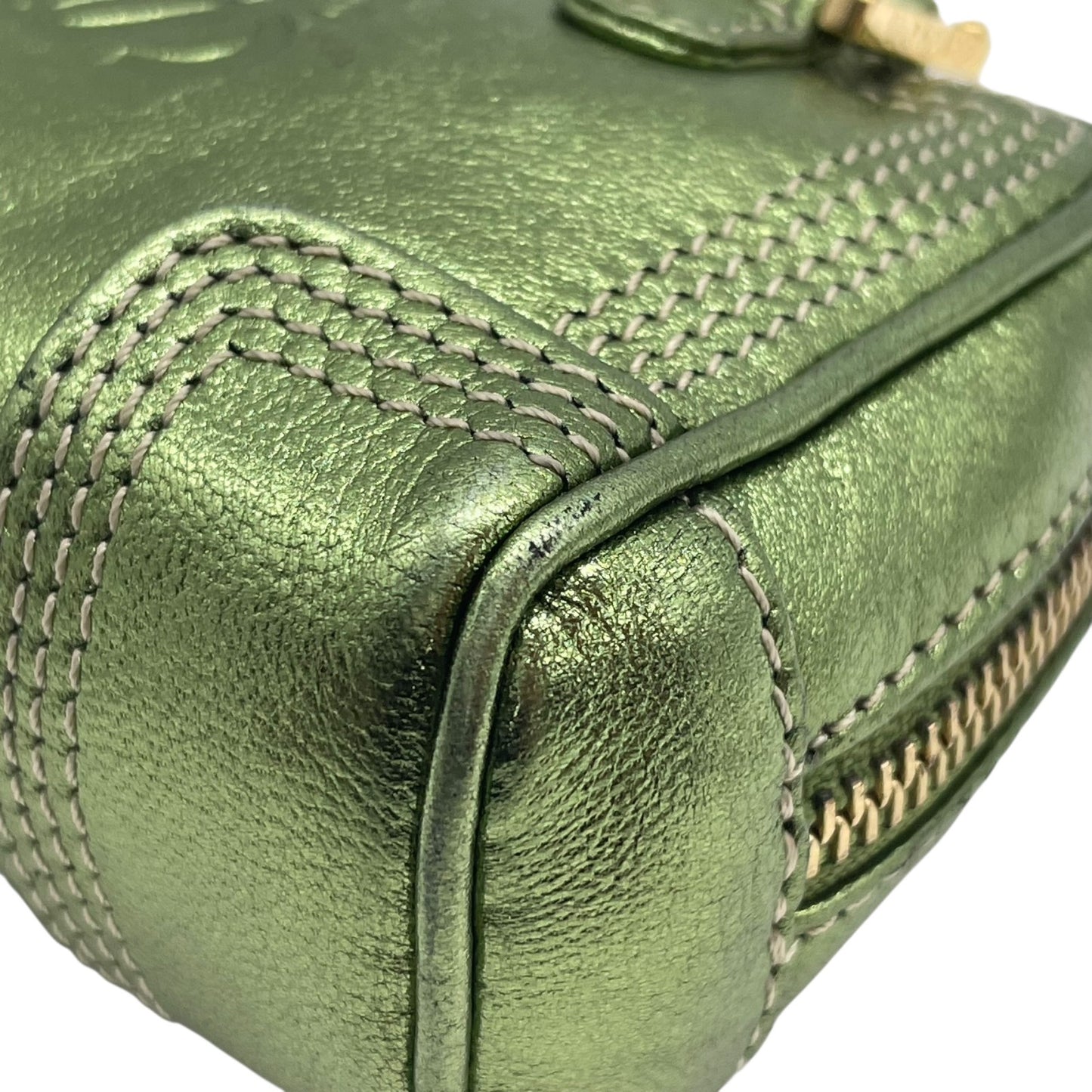 Authentic LOEWE Amazona Micro Mini Shoulder Bag Metallic Green Leather Anagram Logo Crossbody Gold Hardware Vintage Women's
