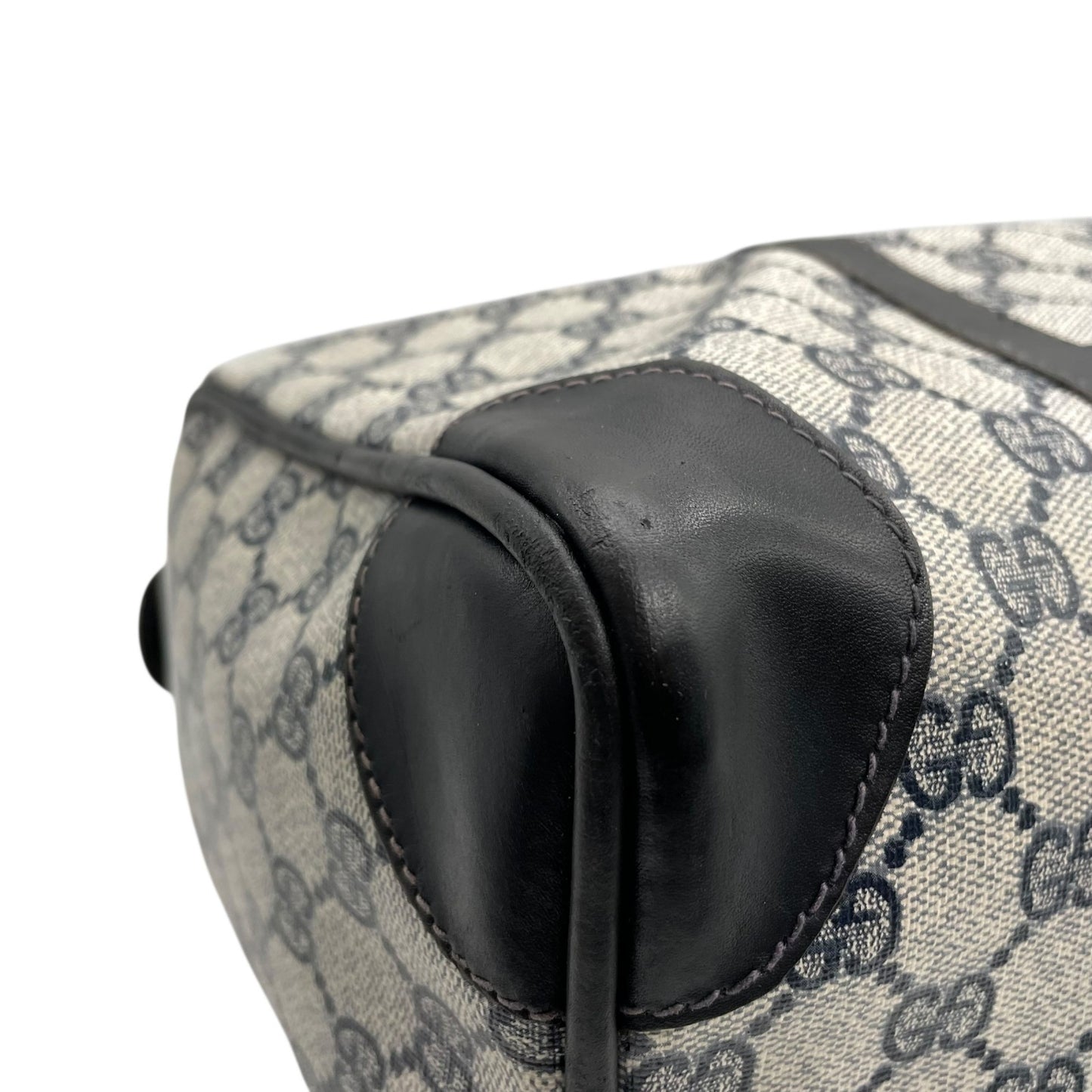 Authentic GUCCI GG Supreme Boston Bag Gray Navy PVC Leather Gold Hardware Vintage Women's Handbag GG Pattern