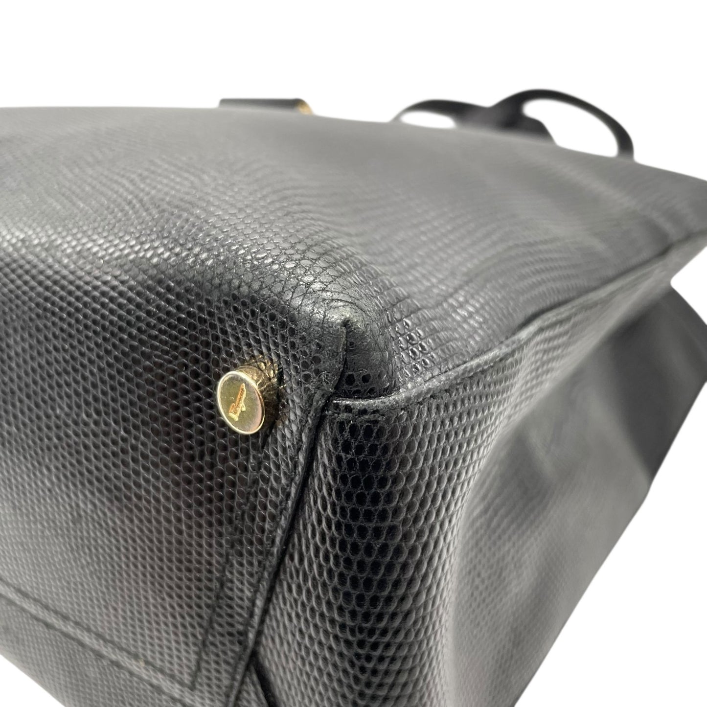 Salvatore Ferragamo フェラガモ ヴァラリボン トートバッグ ワンショルダー レザー トカゲ型押し 黒 ブラック ゴールド金具 肩掛け可 サルヴァトーレフェラガモ レディース E