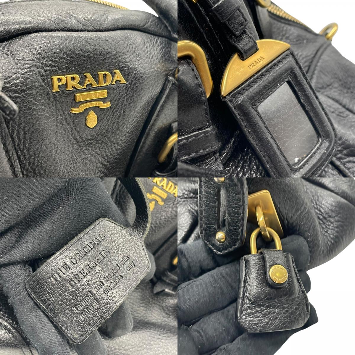 Authentic PRADA 2WAY Handbag Shoulder Black NERO Leather Gold Hardware Logo