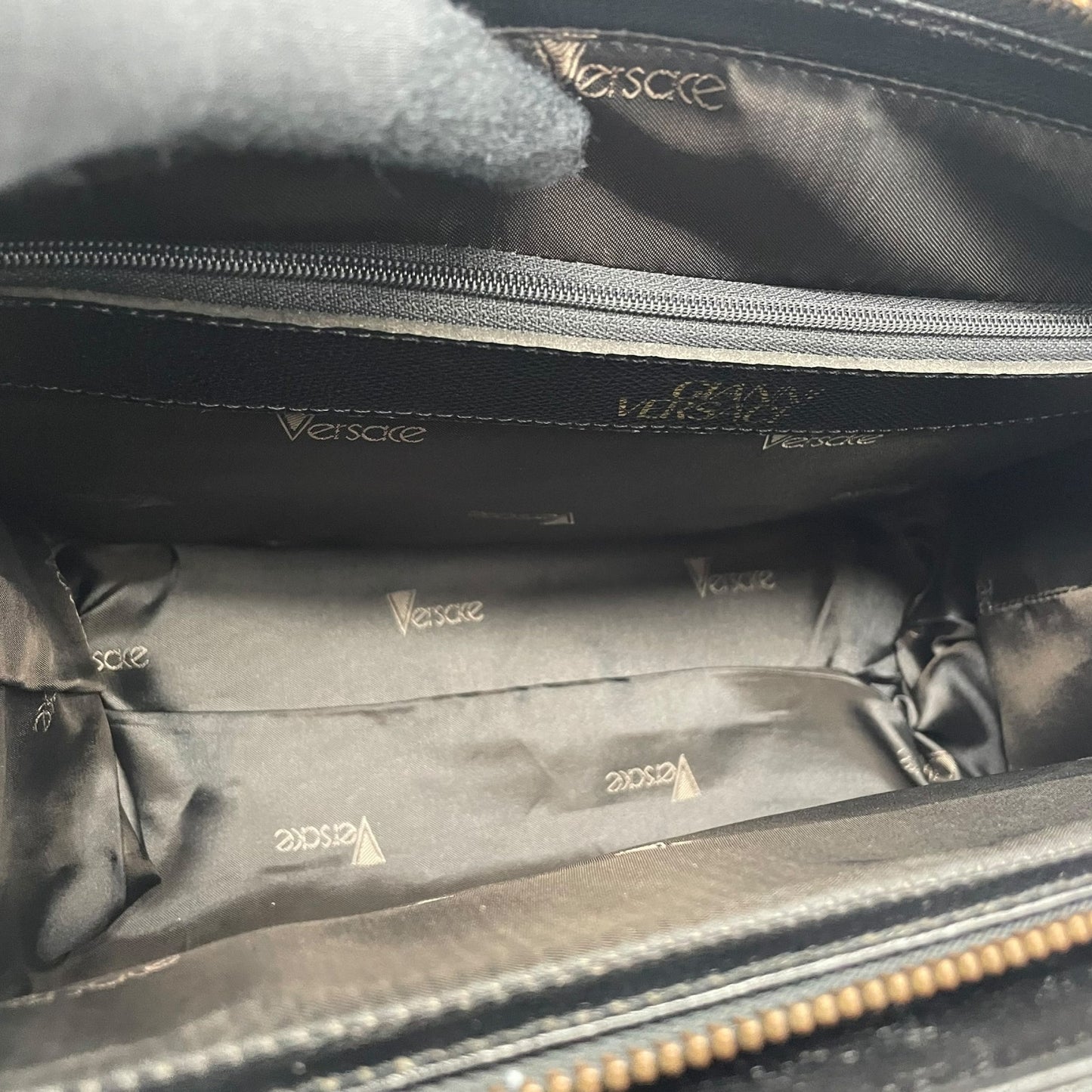 Authentic GIANNI VERSACE Black Sunburst Embossed Leather Handbag Gold Hardware Vintage Archive Women