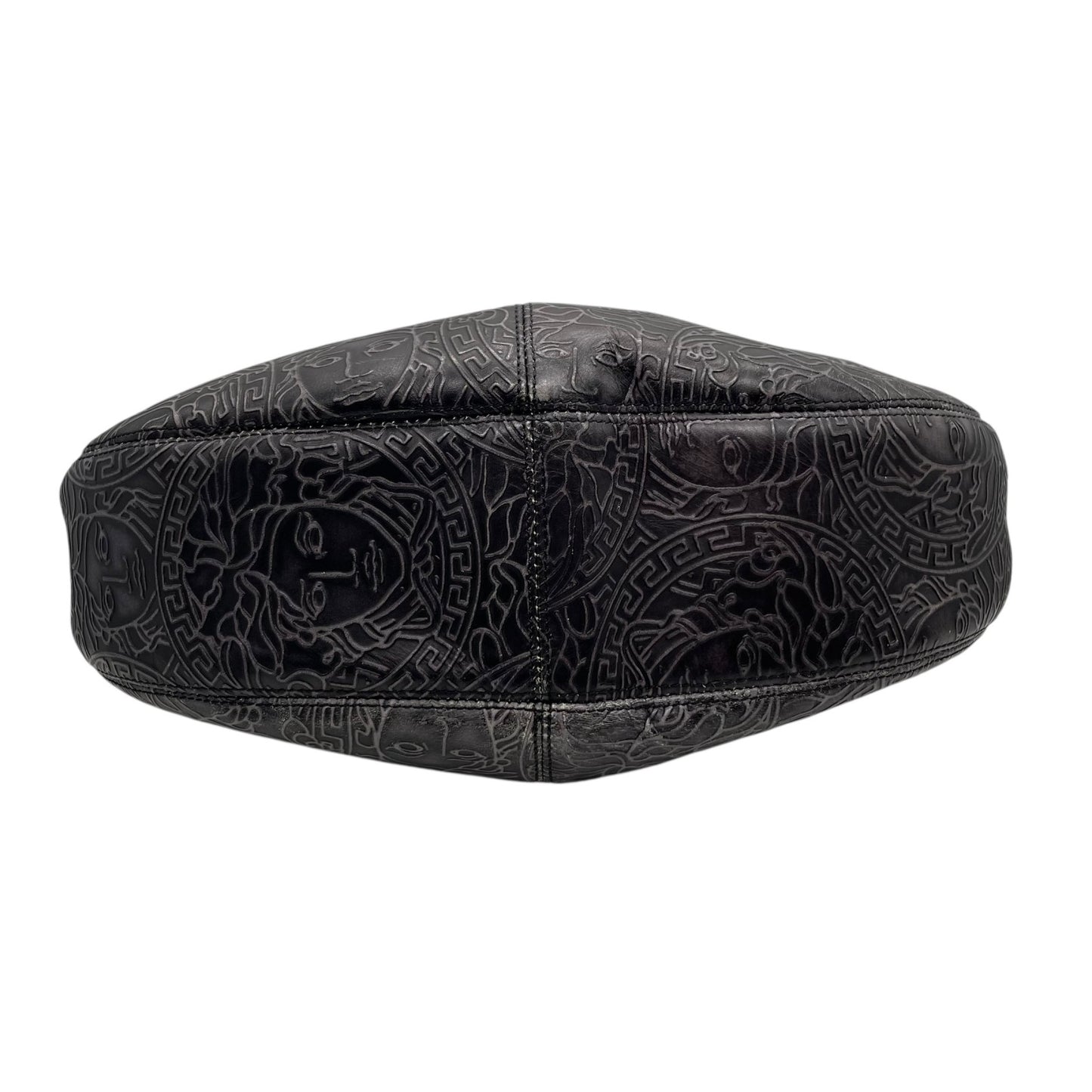 希少 VERSACE ヴェルサーチ メデューサ ワンショルダー ハンドバッグ 黒 ブラック ダークグレー レザー ゴールド金具 総柄 ホーボー 肩掛け可 レディース C4