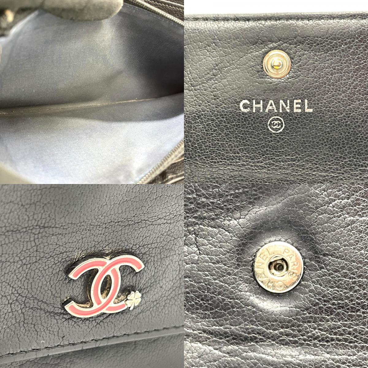 CHANEL シャネル ココマーク ラッキーフラワー クローバー 二つ折り 長財布 レザー 黒 ブラック フラワープリント レディース ヴィンテージ W5