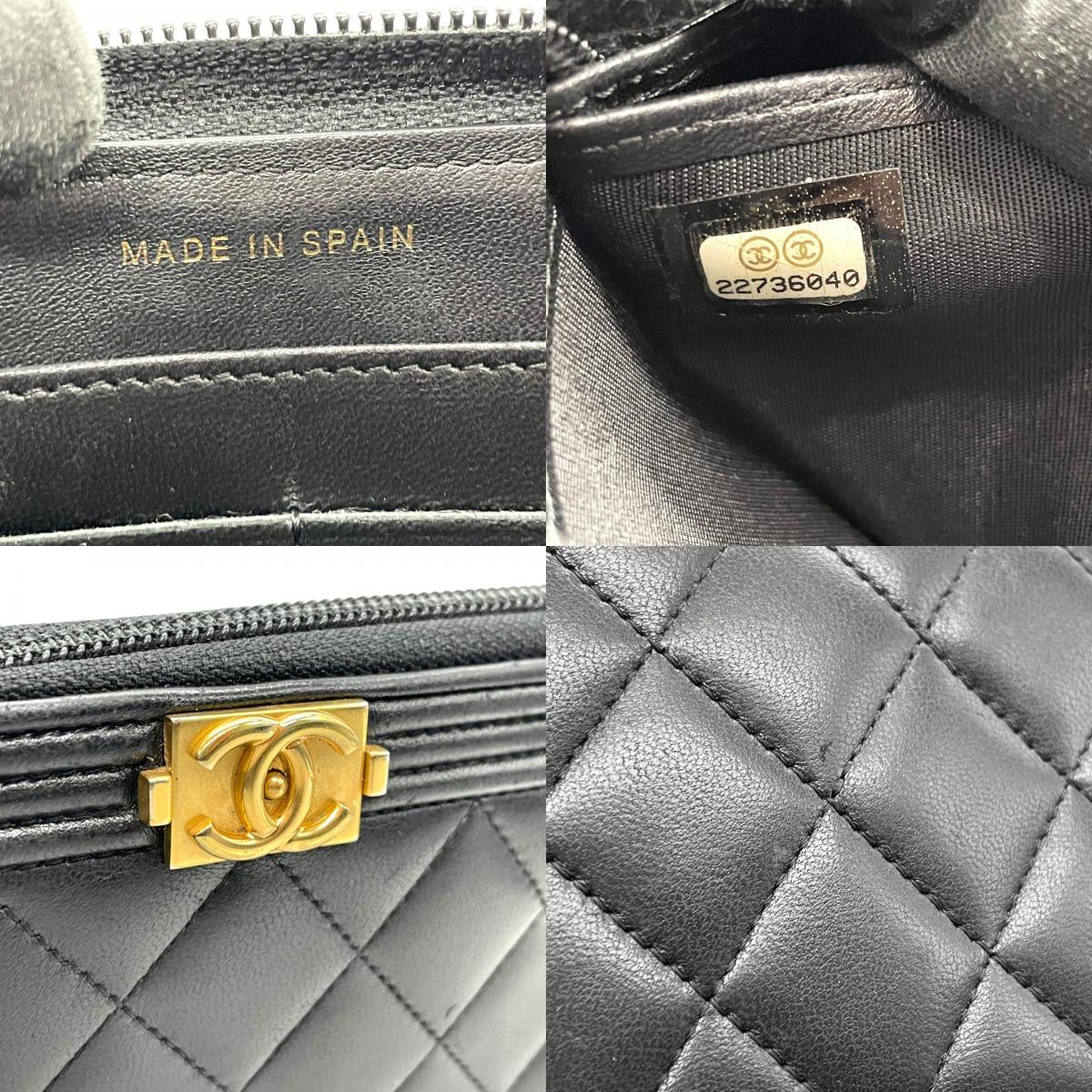 美品 シャネル CHANEL ボーイシャネル ラウンドファスナー 長財布 ブラック 黒 レザー 金 ゴールド金具 キルティング ココマーク W6