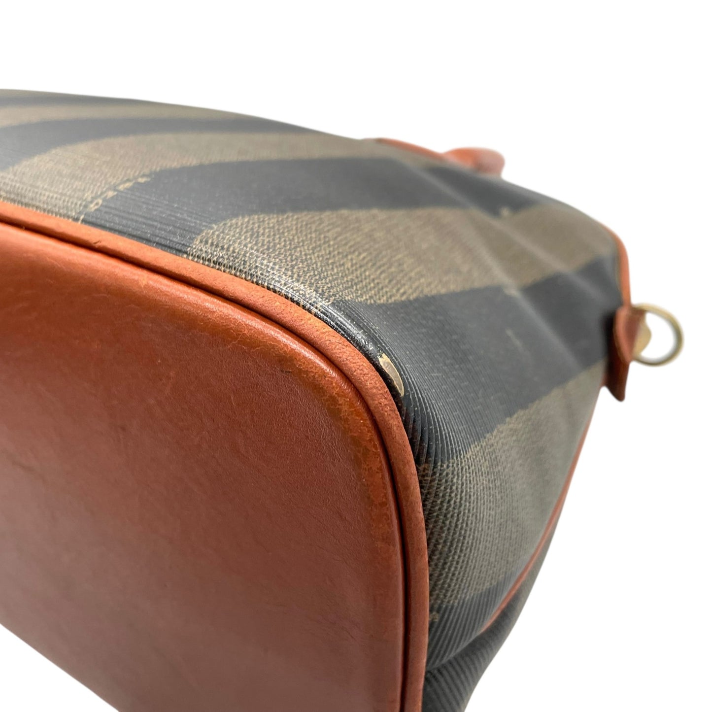 フェンディ FENDI ペカン柄 ボストンバッグ PVC レザー 茶色 カーキ ブラウン ストライプ ハンドバッグ ヴィンテージ B