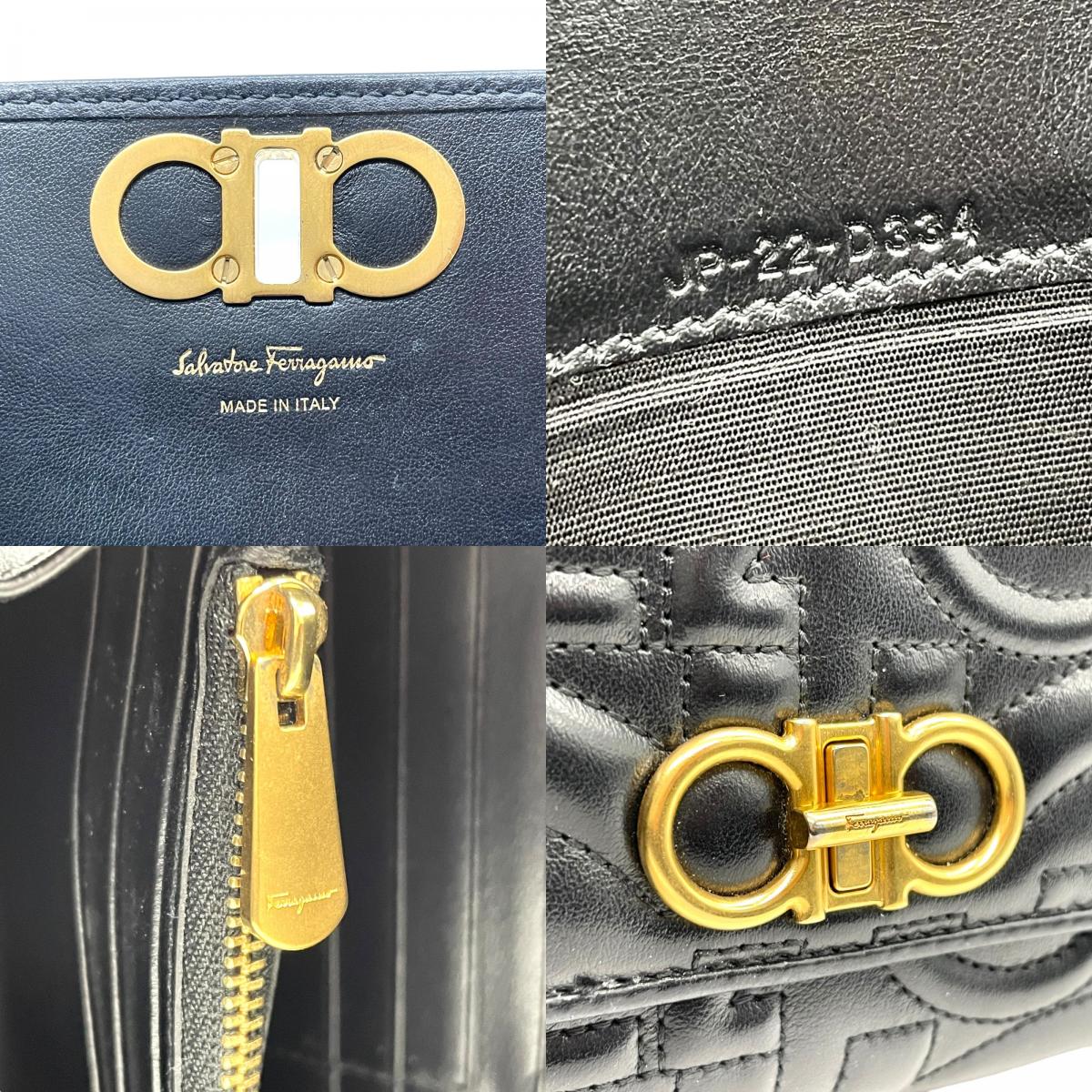 Salvatore Ferragamo フェラガモ 長財布 ガンチーニ ダブルガンチーニ エンボス ターンロック 黒 ブラック レザー 本革 ゴールド金具 ロングウォレット レディース W5