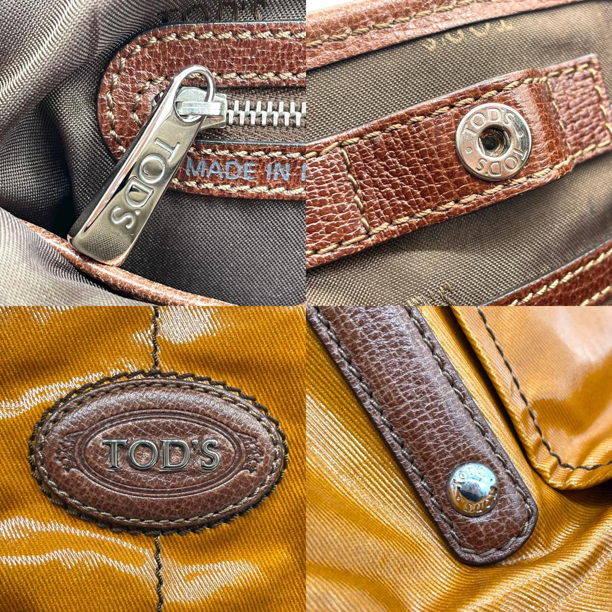 トッズ TOD’S レザー×ナイロン 2WAY トートバッグ ショルダーバッグ 茶色 ブラウン 光沢 大容量 レディース S95