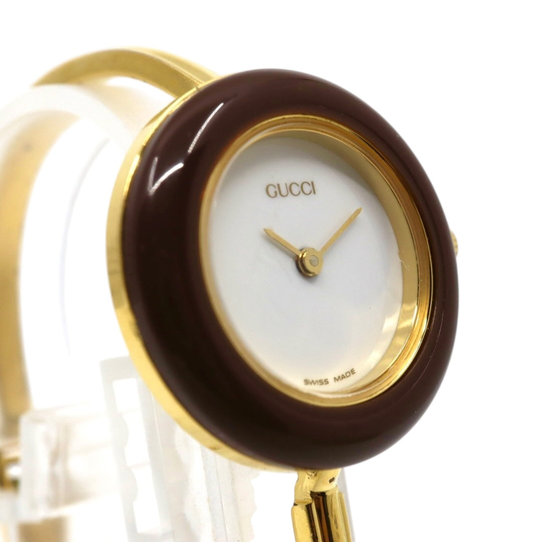 【美品/電池交換済】グッチ GUCCI チェンジベゼル 11/12.2 腕時計 レディースウォッチ クオーツ バングルウォッチ ゴールド ホワイト文字盤 ヴィンテージ アンティーク クラシック エレガント 人気モデル ブラウンベゼル クリーニング済み G3