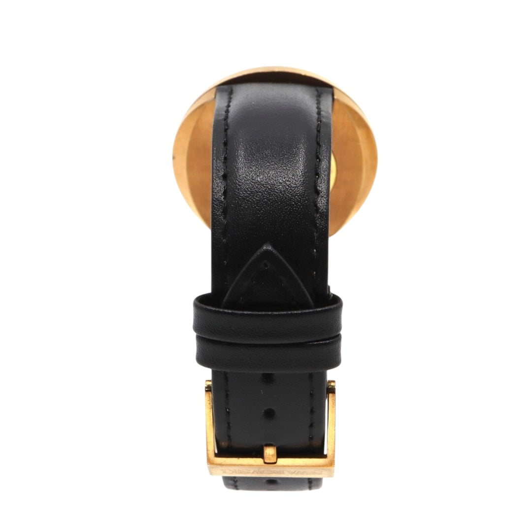 極美品 電池交換済 スワロフスキー 腕時計 5045371 レディース クオーツ ゴールド ブラックレザーベルト クリスタル アナログ ドレスウォッチ エレガント ラグジュアリー スワンロゴ スイス製 クリーニング済み G3