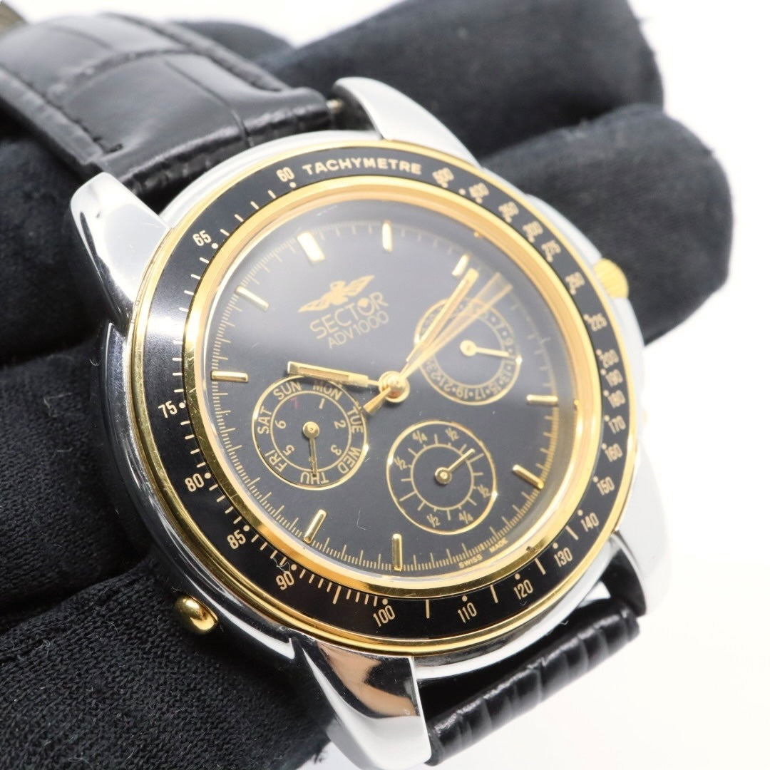 美品 電池交換済 新品ベルト セクター SECTOR ADV1000 腕時計 メンズウォッチ クロノグラフ タキメーター クォーツ ブラック文字盤 シルバー ゴールド ステンレス レザーベルト アナログ スポーツウォッチ 稼働品 G3