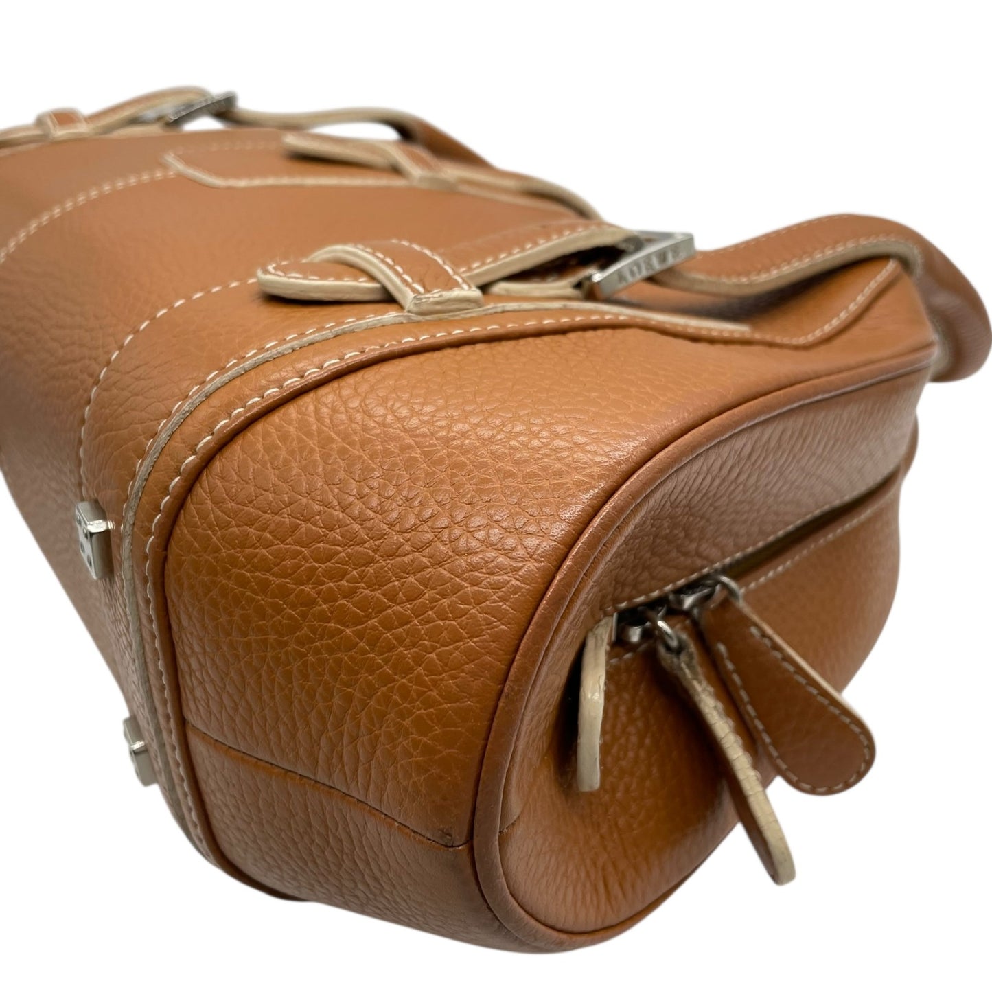 美品 ロエベ LOEWE センダ ハンドバッグ キャメルブラウン 茶 レザー シルバー金具 ファスナー開閉 ロゴ型押し レディース A