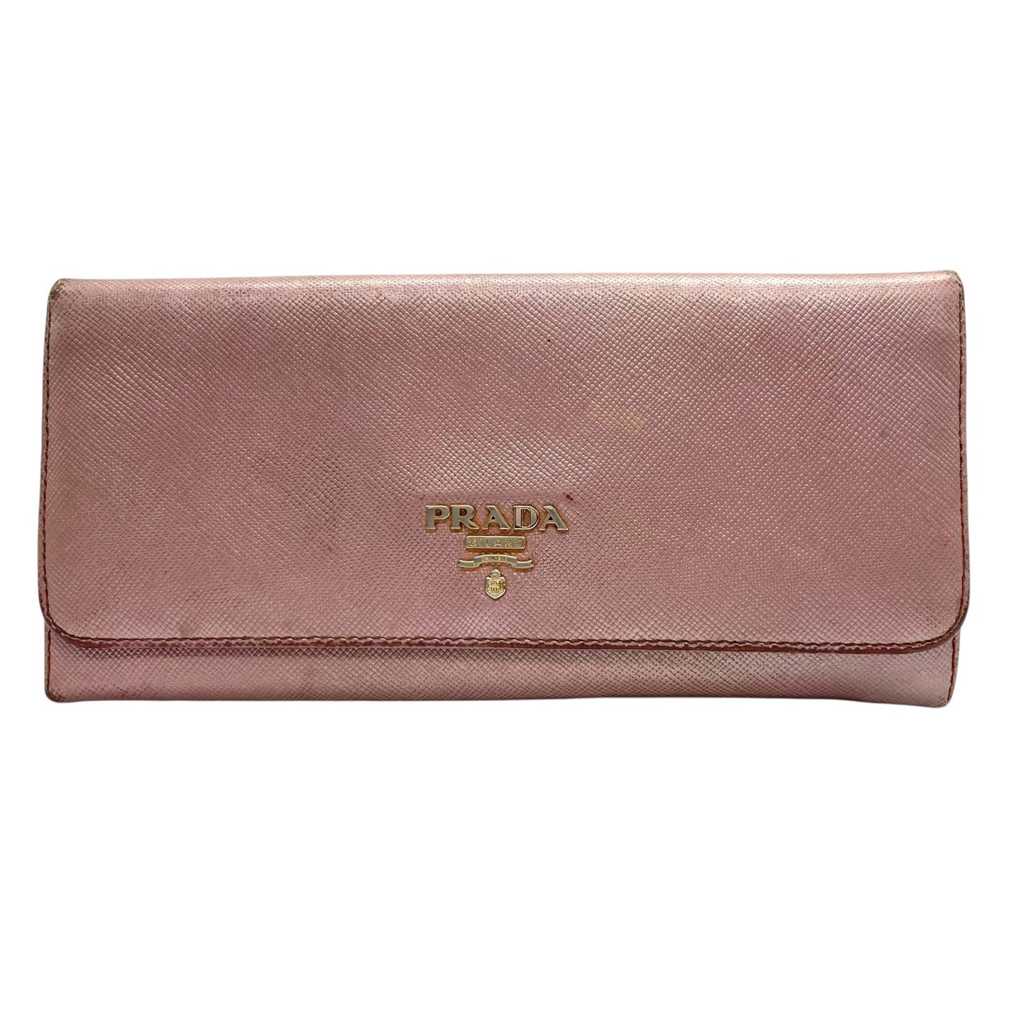 PRADA プラダ 長財布 ロングウォレット サフィアーノレザー ピンク ピンクベージュ メタリック ゴールド金具 ロゴ フラップ レディース W3