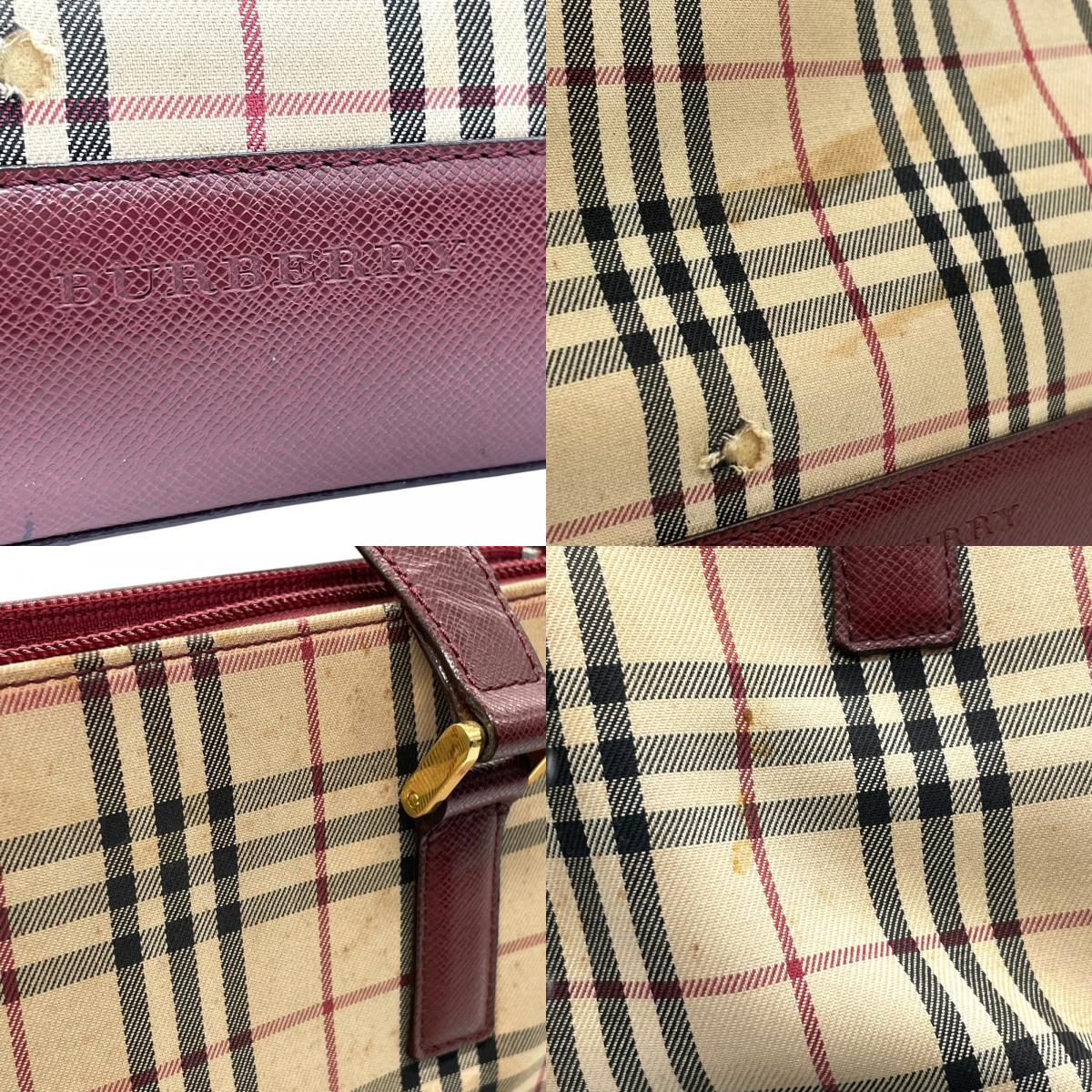 バーバリー BURBERRY ノバチェック ハンドバッグ トートバッグ ベージュ 赤 ボルドー チェック柄 キャンバス レザー ゴールド金具 ロゴ型押し ファスナー開閉 レディース D5