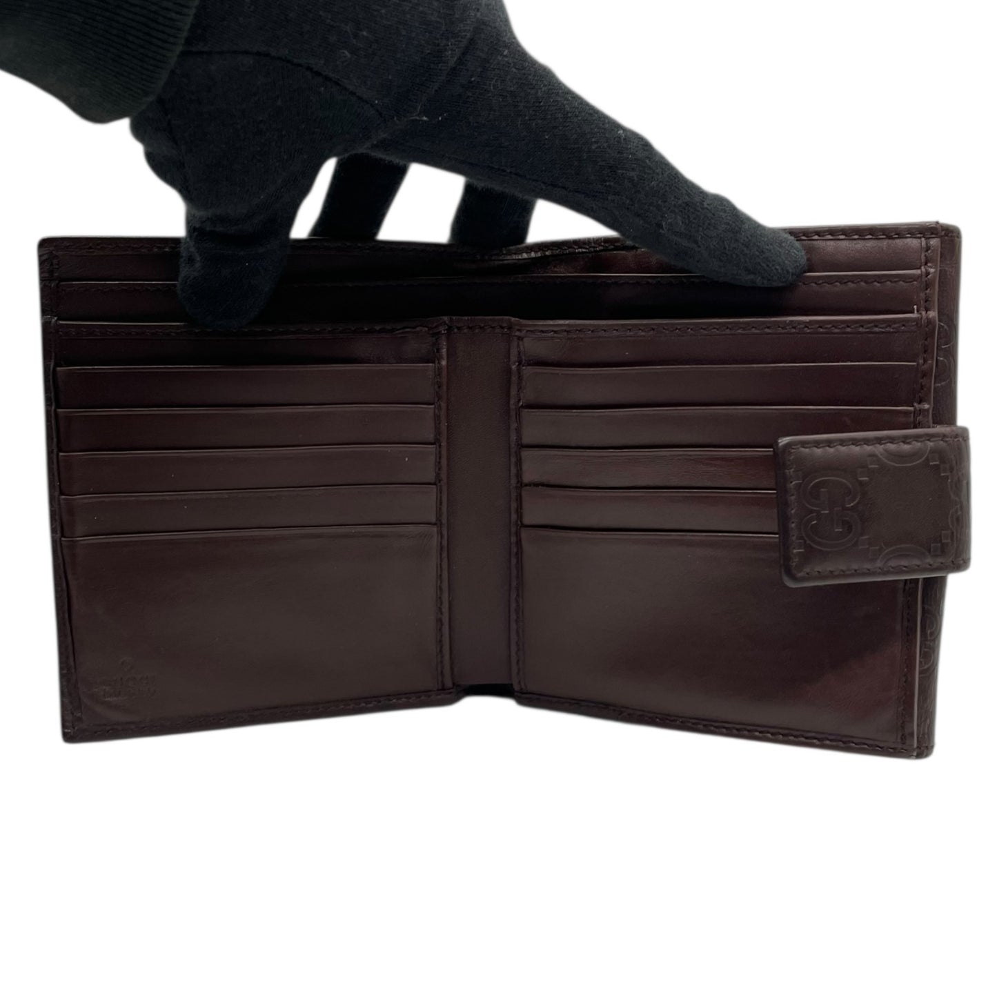 GUCCI グッチ グッチシマ 二つ折り財布 コンパクトウォレット GG柄 型押し レザー ブラウン ゴールド金具 プレートロゴ ヴィンテージ レディース M2