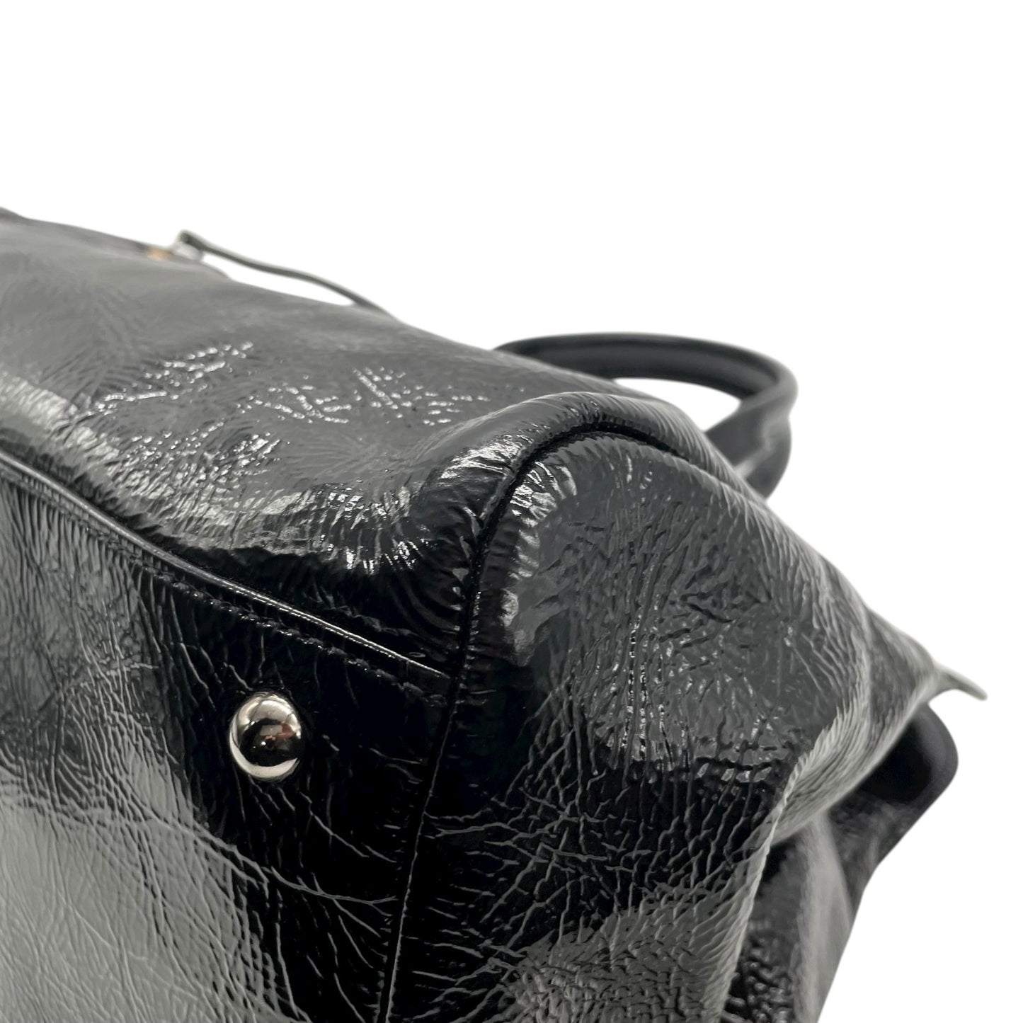 LONGCHAMP ロンシャン パテントレザー ハンドバッグ ブラック シルバー金具 エンボスホース ロゴ入り フロントジップ フランス製 A5