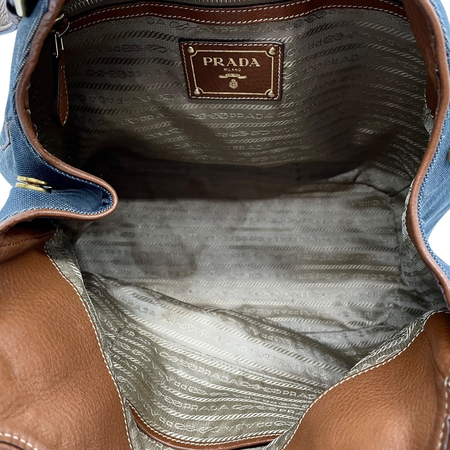 美品 PRADA プラダ ロゴ ジャガード トートバッグ ショルダー デニム レザー ブルー ブラウン ゴールド金具 D5