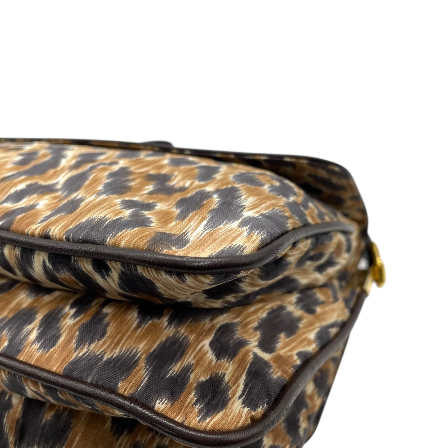 Authentic DOLCE&GABBANA Leopard Print Shoulder Bag Leather Canvas Brown Gold Hardware D&G Logo Flap Women's