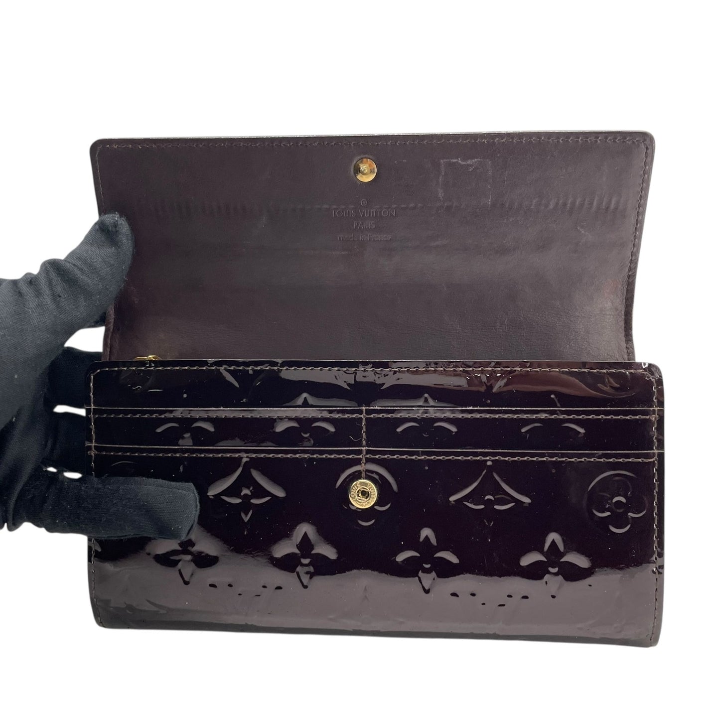 Authentic Louis Vuitton Porte-Feuille Sarah Monogram Vernis M93524 Long Wallet Amarante Patent Leather Gold Hardware Women's