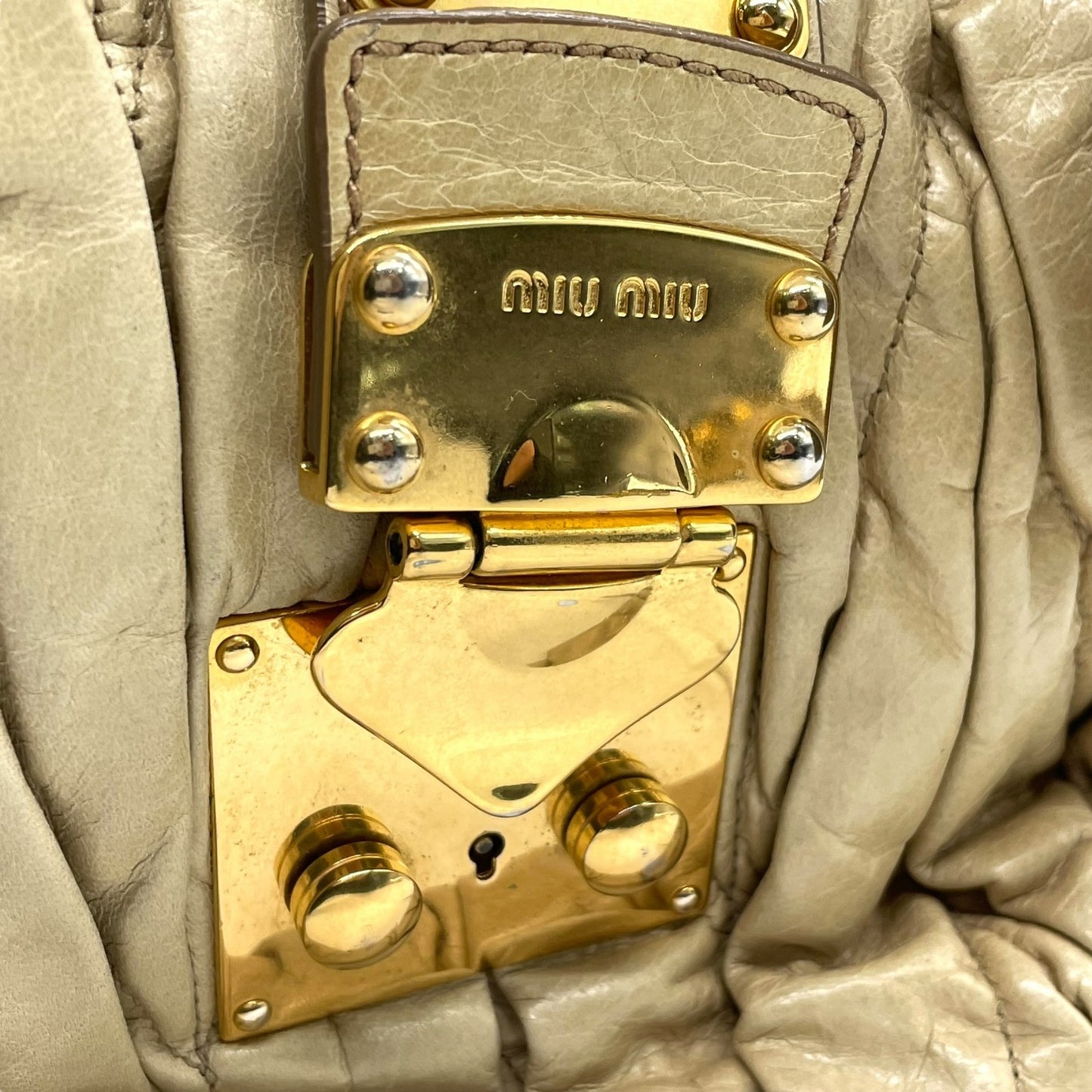 Authentic miumiu Matelassé 2WAY Handbag Shoulder Bag Leather Khaki Beige Gold Hardware Women's Crossbody