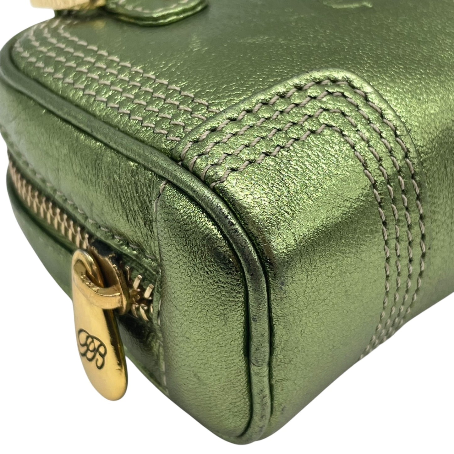 Authentic LOEWE Amazona Micro Mini Shoulder Bag Metallic Green Leather Anagram Logo Crossbody Gold Hardware Vintage Women's