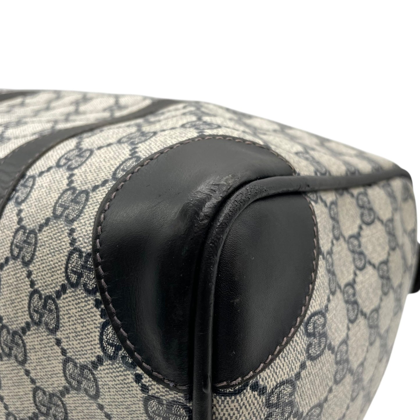 Authentic GUCCI GG Supreme Boston Bag Gray Navy PVC Leather Gold Hardware Vintage Women's Handbag GG Pattern