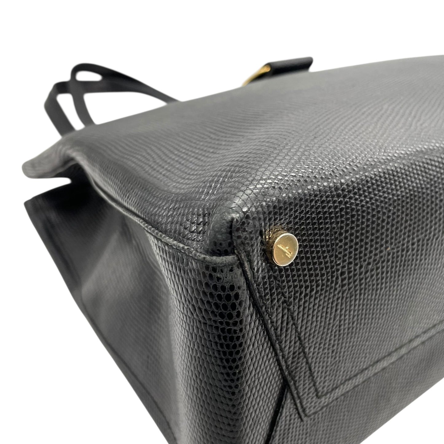 Salvatore Ferragamo フェラガモ ヴァラリボン トートバッグ ワンショルダー レザー トカゲ型押し 黒 ブラック ゴールド金具 肩掛け可 サルヴァトーレフェラガモ レディース E