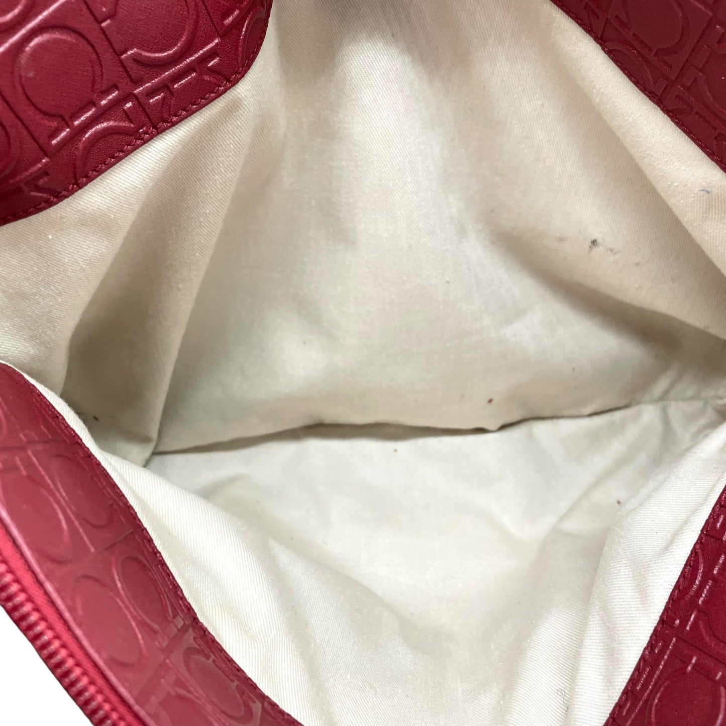 美品 フェラガモ Salvatore Ferragamo ガンチーニ ボルドー レザー ハンドバッグ トートバッグ 総柄 赤 レッド ブラウン シルバー金具 レディース D