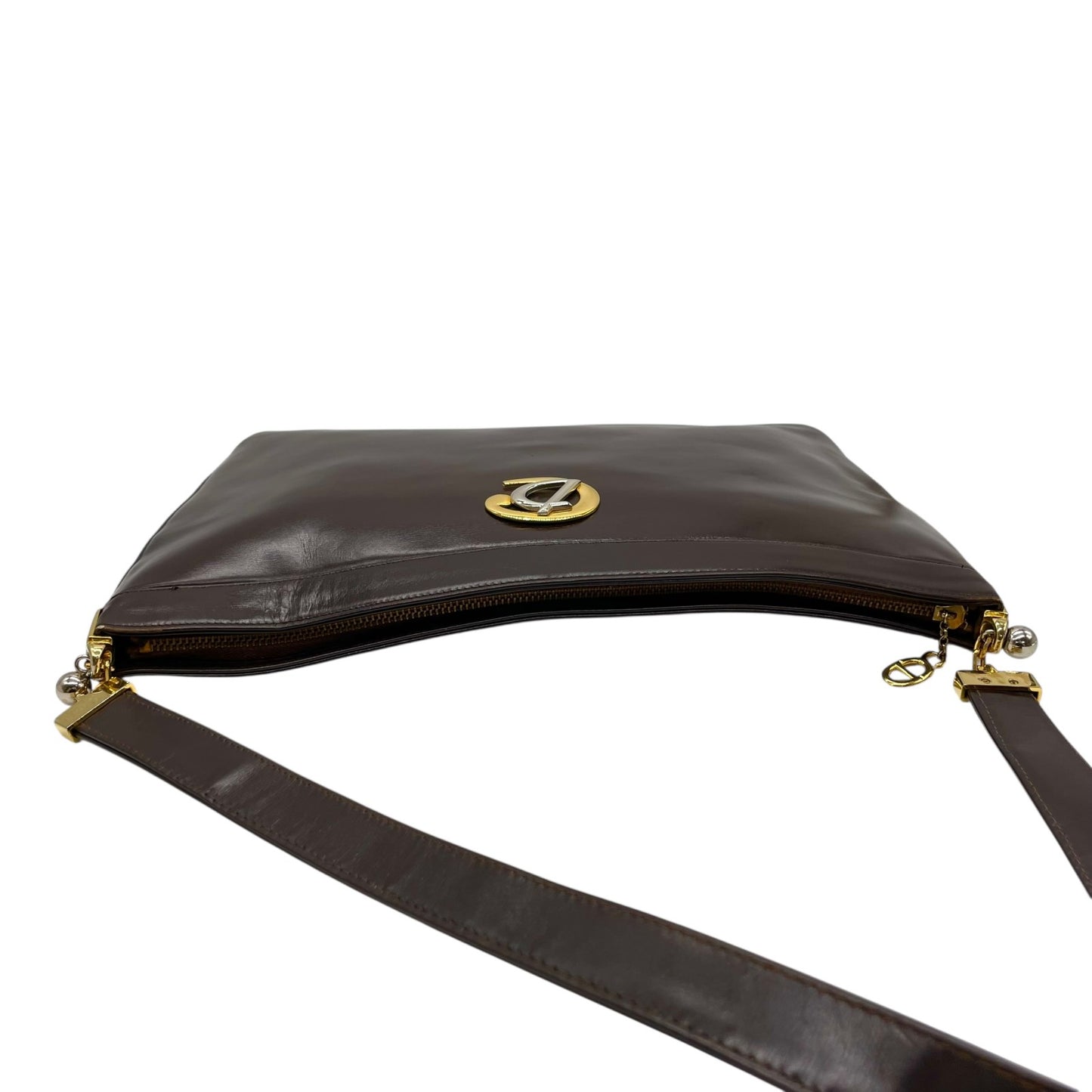 美品 Christian Dior クリスチャンディオール ショルダーバッグ ヴィンテージ ワンショルダー ハンドバッグ ダークブラウン レザー ゴールド金具 CDロゴ レディース U3