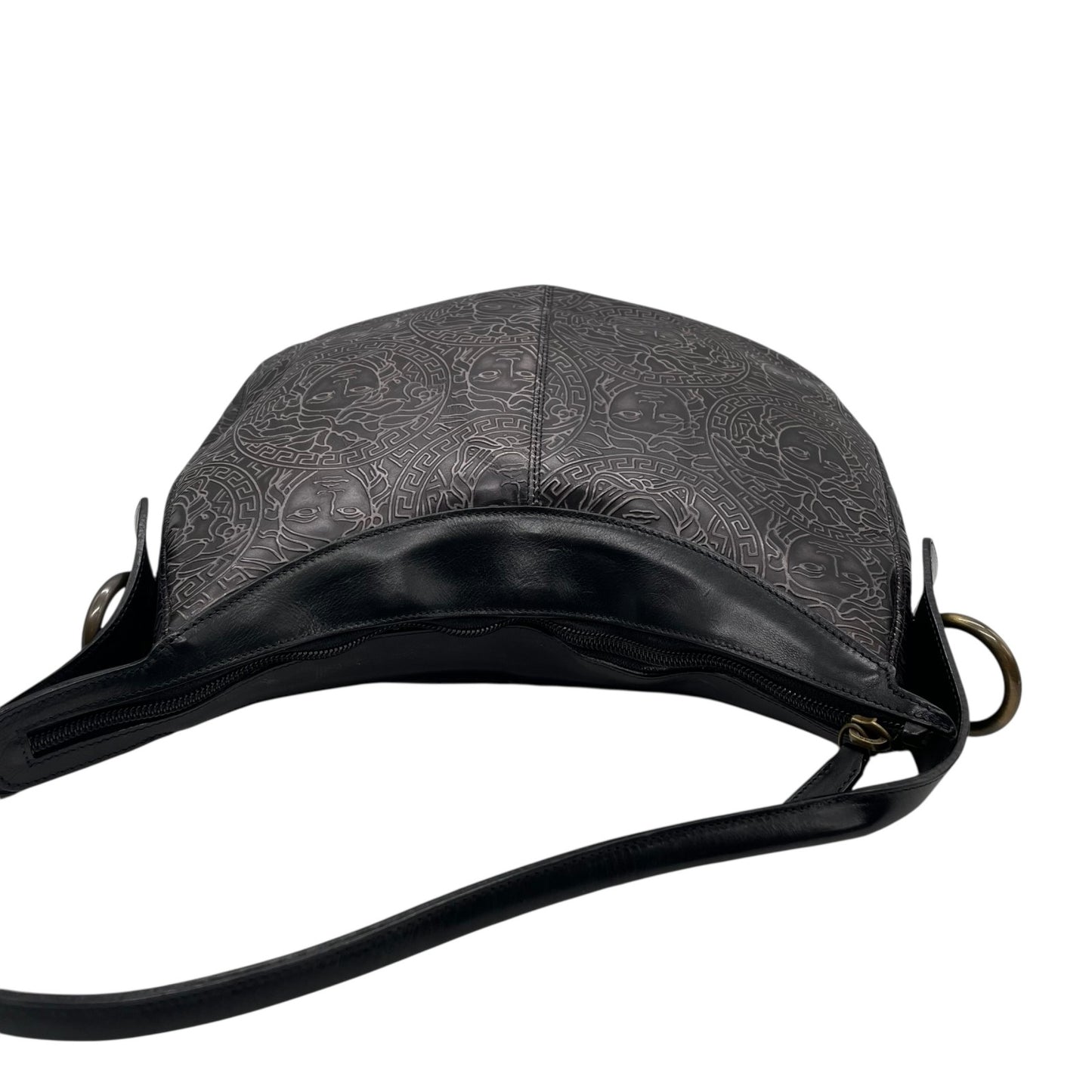 希少 VERSACE ヴェルサーチ メデューサ ワンショルダー ハンドバッグ 黒 ブラック ダークグレー レザー ゴールド金具 総柄 ホーボー 肩掛け可 レディース C4