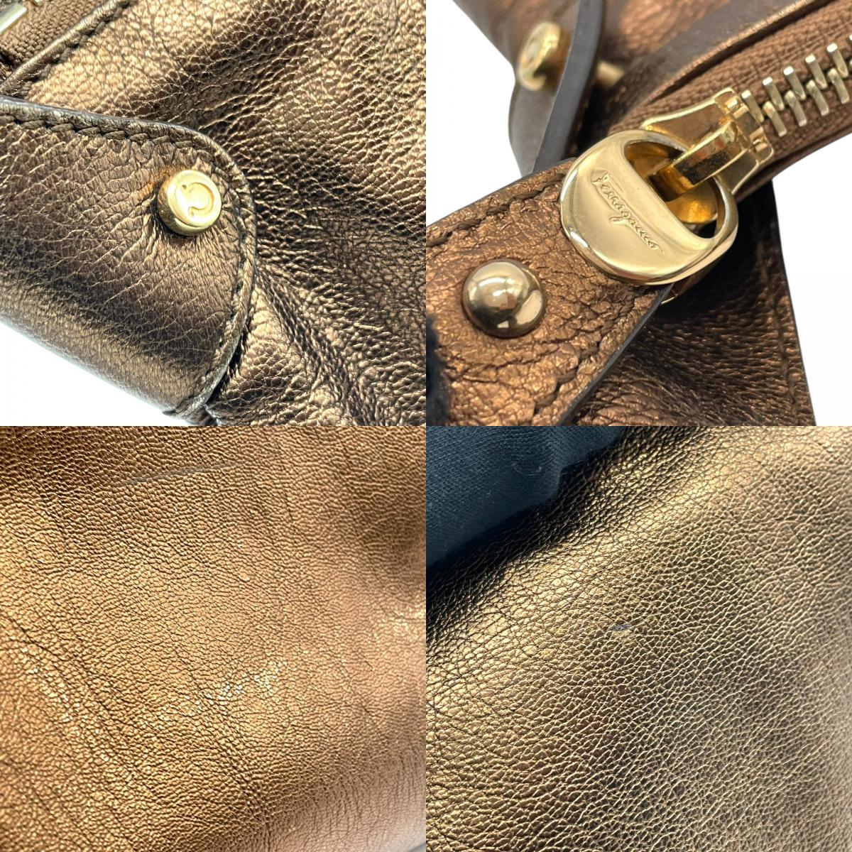 美品 Salvatore Ferragamo フェラガモ ガンチーニ ハンドバッグ ショルダーバッグ ワンショルダー 茶 ブラウン ブロンズ メタリック レザー ゴールド金具 肩掛け レディース K6