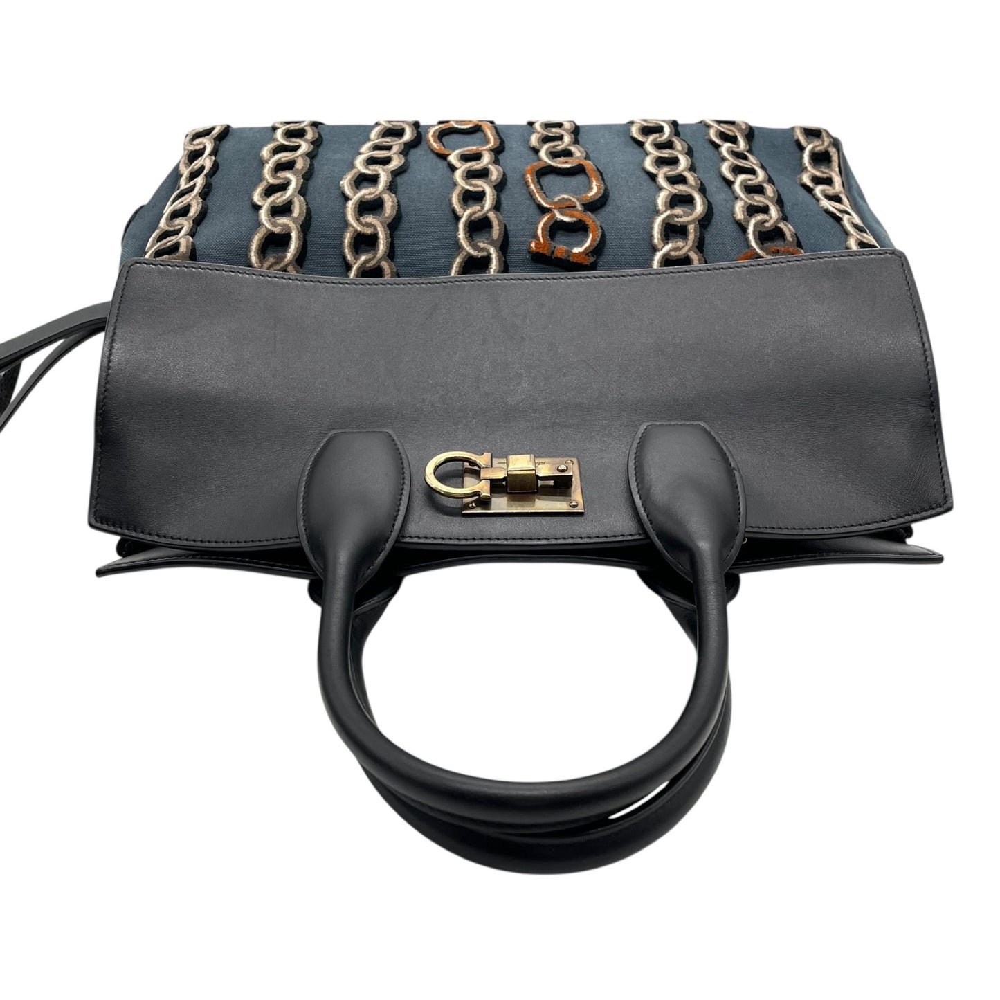 美品 Salvatore Ferragamo サルヴァトーレ フェラガモ ガンチーニ チェーン柄 ハンドバッグ 紺 ネイビー 黒 ブラック キャンバス レザー ゴールド金具 レディース B